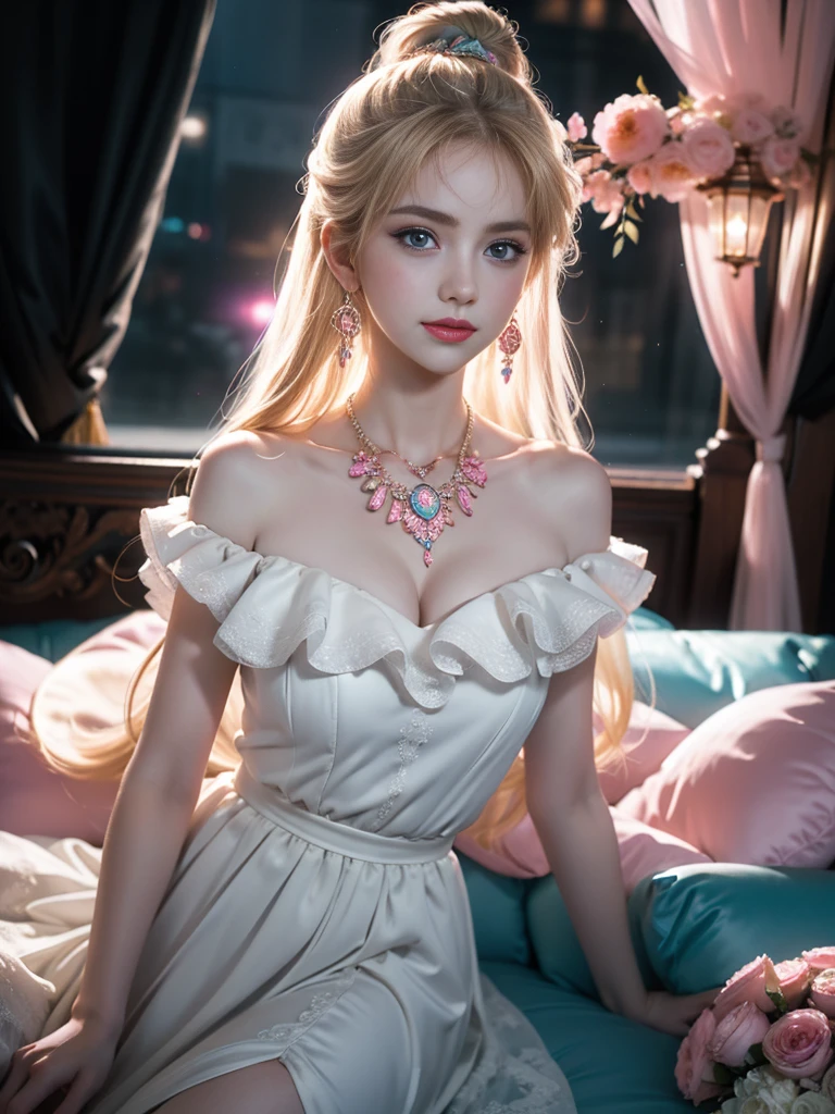 tmasterpiece,Highest image quality,super detailing,Best quality at best ,Extremely Delicately Beautiful, Very meticulous,Best quality at best, offcial art, extremely detaild的 CG unified 8k wallpapers, Ana de Armas portrait photo, blond hair blue eyes,Radiant skin and radiant eyes:1.1), pretty skin, lamplight, (Detailed lighting:1.2), (Beautiful and detailed light:1.3), face to the viewer,beautiful wedding dress, deep understanding, The beautiful, iintricate, digitial painting, smooth private parts, Focus sharp, The end of the world, Epic reality, (HighDynamicRange:1.4), captivating curves,(pastel colour:1.4), Bigchest,apocalyptic, giving up, com cores neutras, natta, Screen space refraction, (Complicated details, ultra - detailed:1.3), Dream Catcher Necklace,art stations, Cinema lenses, vignet, the complex background, buliding,Enchanted smile,detailed back ground,Dream catcher earrings in various colors,white colors,in pink,purpleish color,red colour,blue colors,orange colors,green color,cyan colors,),