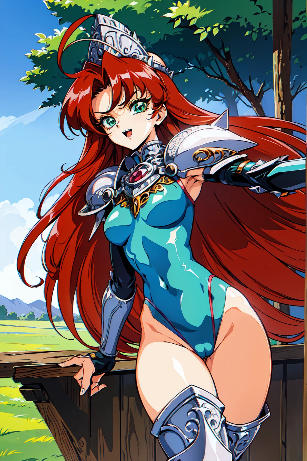 "(masterpiece:1.1), best quality,
1girl, (80s anime style:1.3), (eyelashes:1.5), (li:1.2),
(intricate high detailed body:1.2),
(red hair:1.1), (hair slicked back:1.2), (long hair:1.1), (holy hat:1.2),
green eyes,
(medium breasts:1.1),
(angry, smile:1.2), open mouth,
(silver embroidery leotard armor:1.2),
(spiked knight armor, armored boots:1.2), (belts:1.1), (ahoge:1.2), necklace,
standing,
(upper body, cowboy shot, looking at viewer, from front:1.1),
(daytime, grassland, outdoors:1.1)"