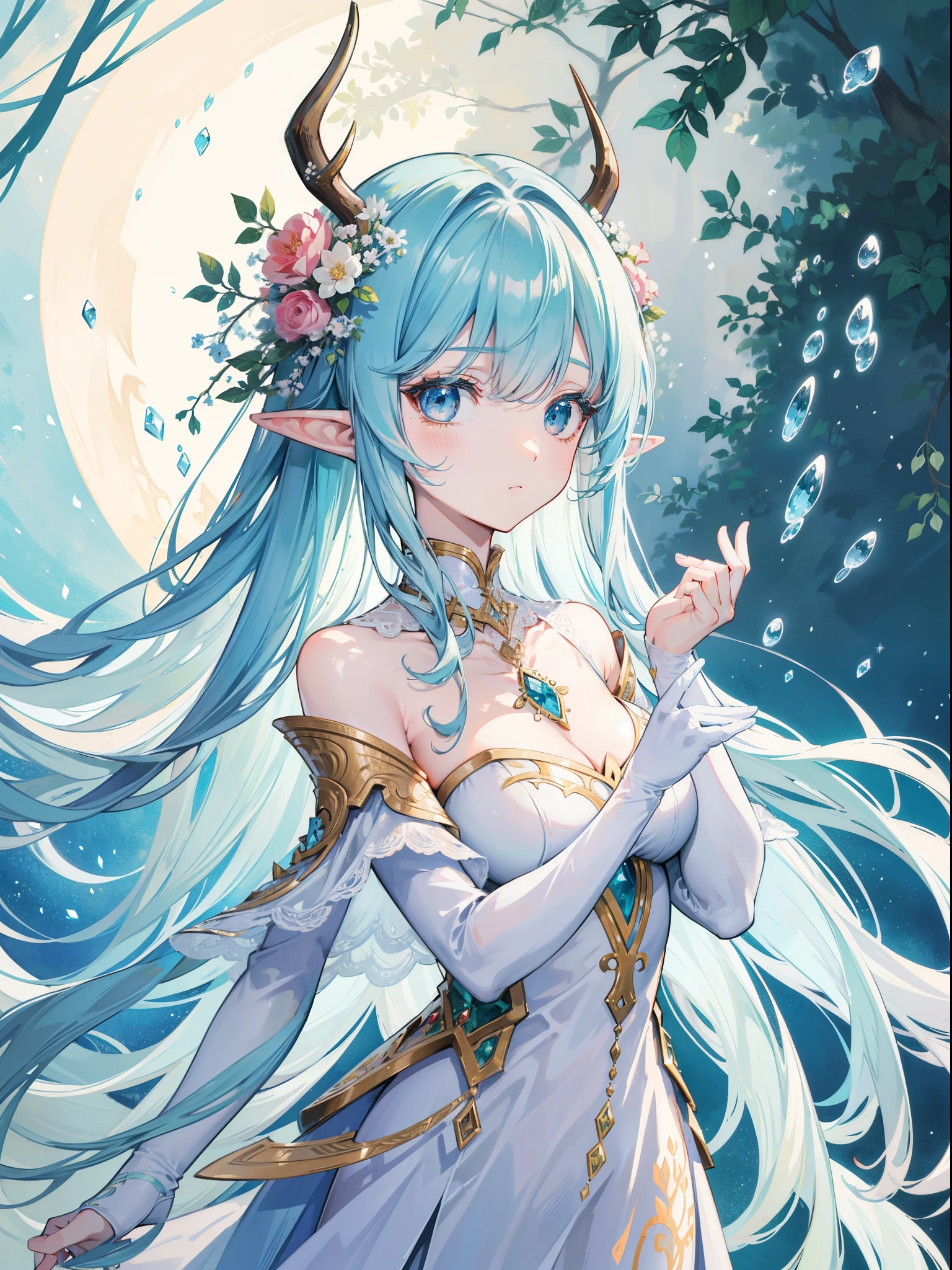 high quality, masterpiece, Delicate facial features, Delicate hair, Delicate eyes, Delicate hair, anime girl, deer antlers color hair, florals, Dreamy style, Fantastic flower garden, fantasy style clothing, Romantic dress,  beautiful and elegant elf queen, Fantasy art style, Anime fantasy illustration, fey queen of the summer forest, anime art nouveau, goddess of the forest, portrait of an elf queen, A beautiful artwork illustration，8K high quality detailed art（Delicate facial portrayal）（Fine hair depiction）（highest  quality）（masterpiece) 8k wallpaper，masterpiece, Best quality at best, ultra - detailed