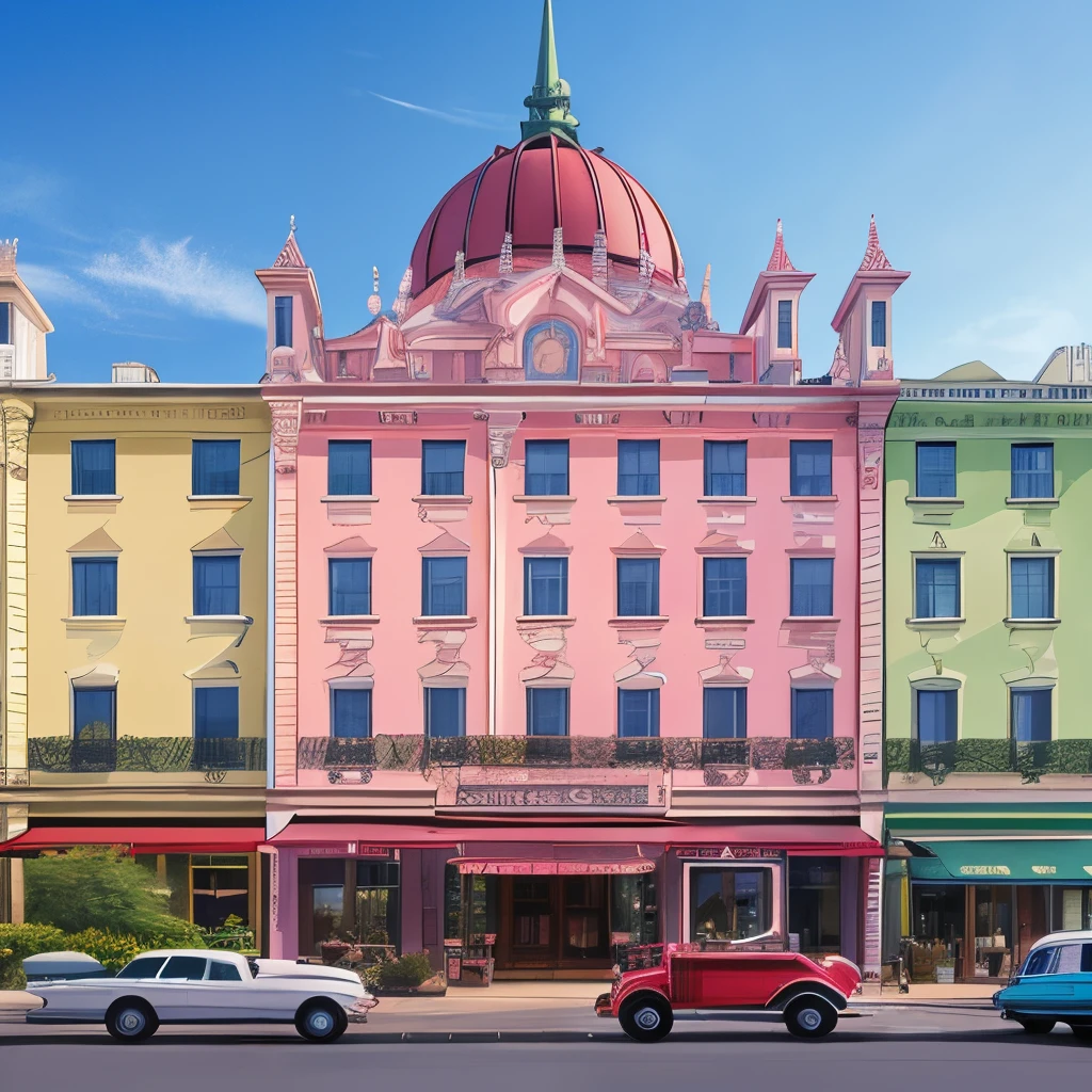 Create an image featuring the front facade of a whimsical, pink European-style hotel. The building should have multiple stories with classic architectural details such as ornate windows, decorative trim, and balconies. Above the hotel, the sky transitions from a warm daytime blue to the soft hues of dusk, with a hint of mountain silhouettes in the distance. The scene includes a charming, pink vintage car parked in front, suggesting an inviting atmosphere. The style should be nostalgic and picturesque, reminiscent of a romantic and quaint setting you might find in a vibrant and charming city like Budapest --auto --s2