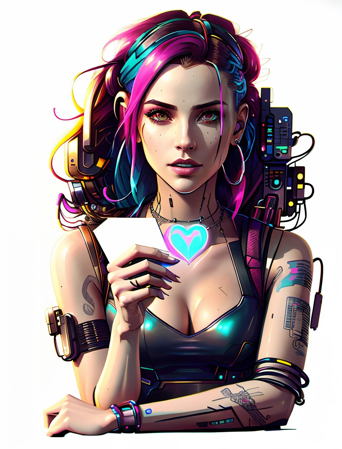 Close-up of a woman holding a card with a heart on it, Boggs, Card game illustration, artistically, the detail, card art, art jem style, As seen on artgerm, art jem style, Very detailed ArtGerm, poker card style, style artgerm, Holding the trump card,dreamy cyberpunk girl, Cyberpunk beautiful girl, cyberpunk artstyle, modern cyberpunk, Advanced digital cyberpunk art, the cyberpunk girl portrait, bright cyberpunk glow, cyberpunk theme art, digital cyberpunk anime art, cyberpunk atmosphere, cyberpunk atmosphere, There is a cyberpunk style, Cyberpunk turns 20. Oooooh,Model girl, Future cyberpunk, cyber punk Girl,Perfect facial features,Perfect Finger