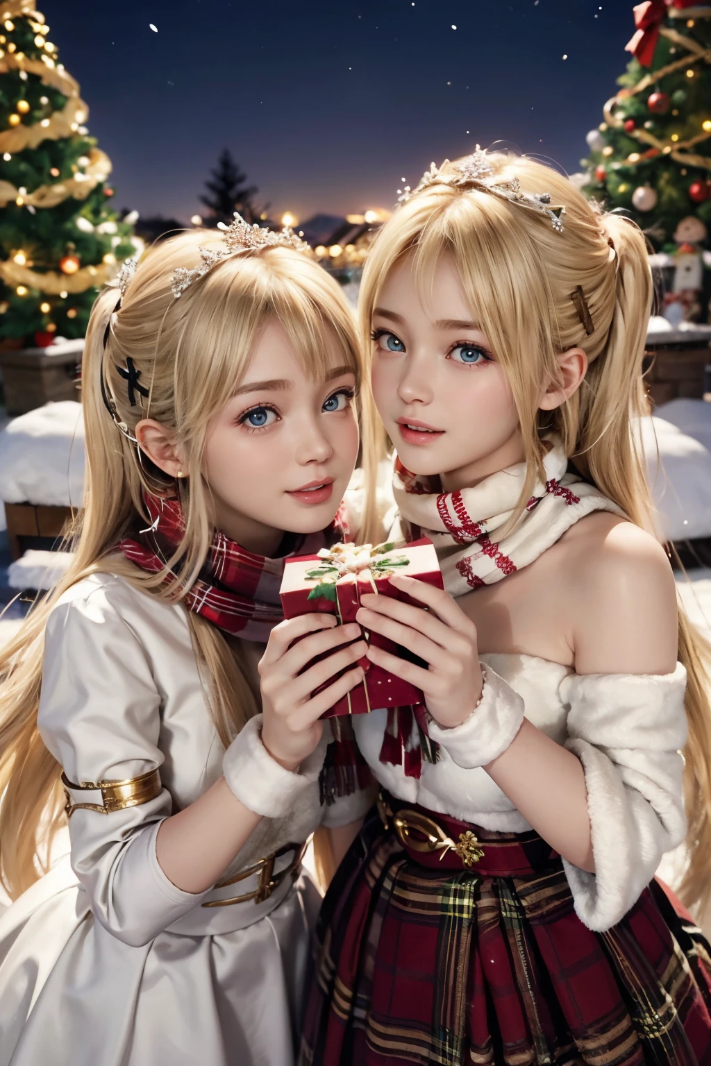 2 girls, Blonde hair, (Best Quality,Photorealistic,hight resolution),2girls,Beautiful detailed eyes,Beautiful detailed lips,Smiling,Laughing,Cute,Christmas Eve,Happy,having fun,Winters,Joyful,excited,Twinkling lights,Decorated Christmas Tree,clew,cosy atmosphere,Warm fireplace,magical moments,sparkling stars,Glowing candles,snowflakes falling,ground covered with soft snow,colorful holiday decorations,red and green colors,Elegant dresses,Fluffy scarves,Happy memories,cherish sisterhood,love and laughter、12-year-old sisters、a baby face、childish、Looking at the camera、Present Box、