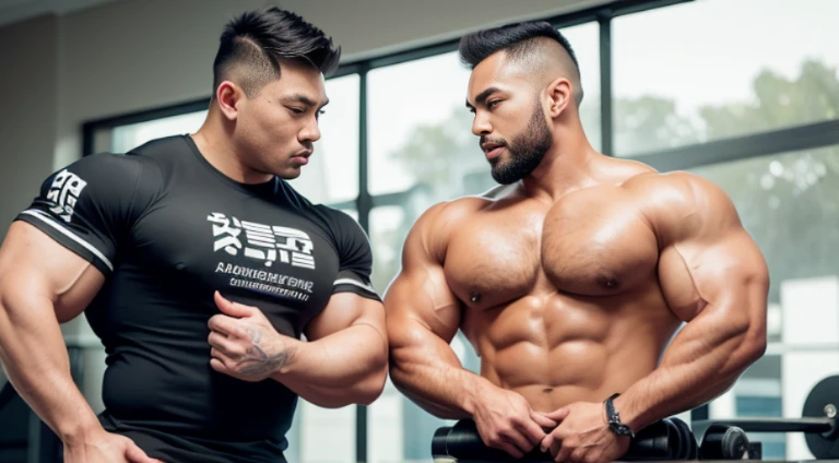 (Very detailed 8k wallpaper), two asian men, muscle worship, arms folded, At the gym, high detailing, buzzcut, very large and strong body, bulging muscles, well-muscled, very large pectoral muscles. Very ???? abs, legs are muscular, Toned figure, lightens oily skin, muscular, Tank top, T-shirt, longshot, Wide Shot