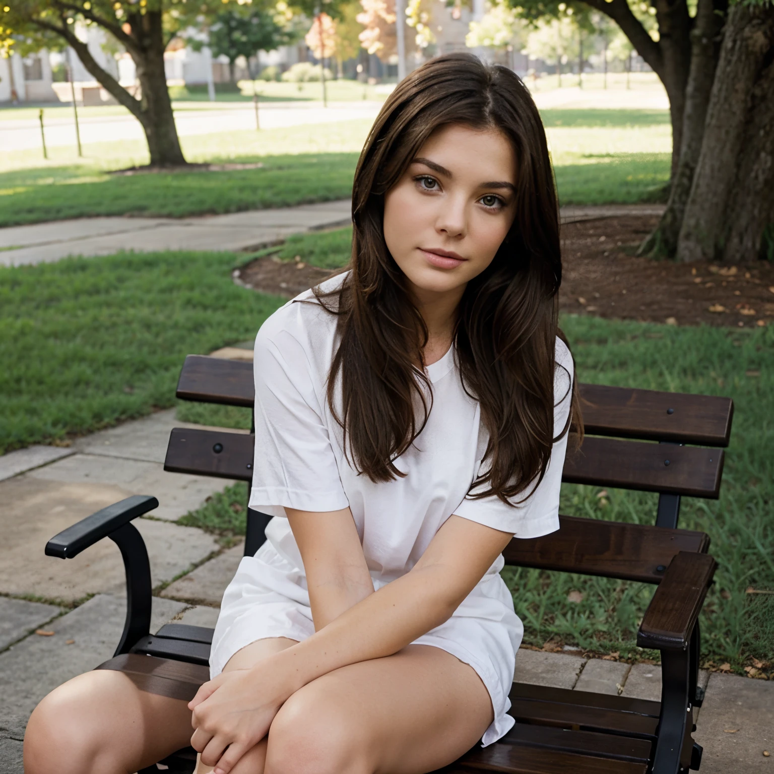 Brunette on a bench
