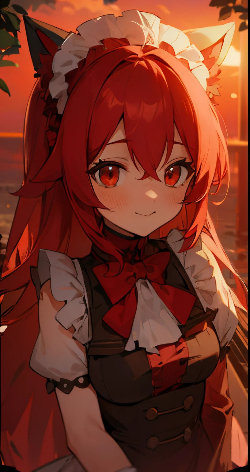 red tinted hair，Red-eyed，sandbeach，Seafront，the sunset