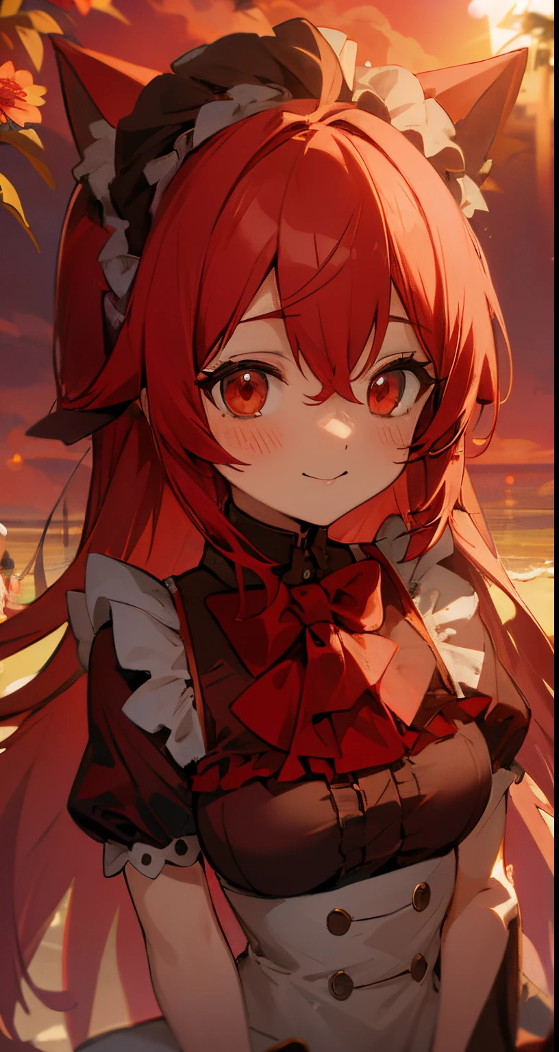 red tinted hair,Red-eyed,sandbeach,Seafront,the sunset