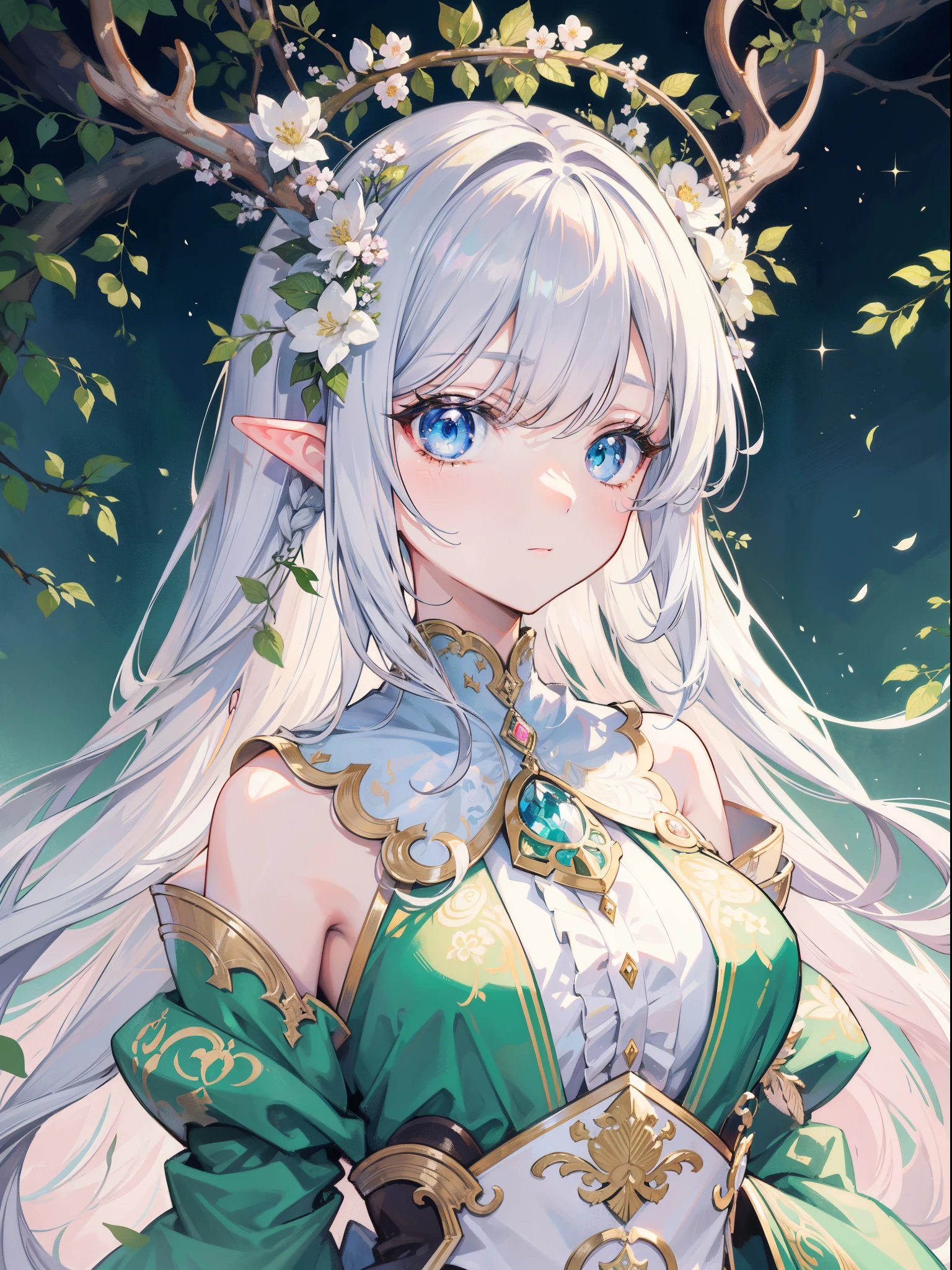 high quality, masterpiece, Delicate facial features, Delicate hair, Delicate eyes, Delicate hair, anime girl, deer antlers color hair, florals, Dreamy style, Fantastic flower garden, fantasy style clothing, Romantic dress,  beautiful and elegant elf queen, Fantasy art style, Anime fantasy illustration, fey queen of the summer forest, anime art nouveau, goddess of the forest, portrait of an elf queen, A beautiful artwork illustration，8K high quality detailed art（Delicate facial portrayal）（Fine hair depiction）（highest  quality）（masterpiece) 8k wallpaper，masterpiece, Best quality at best, ultra - detailed