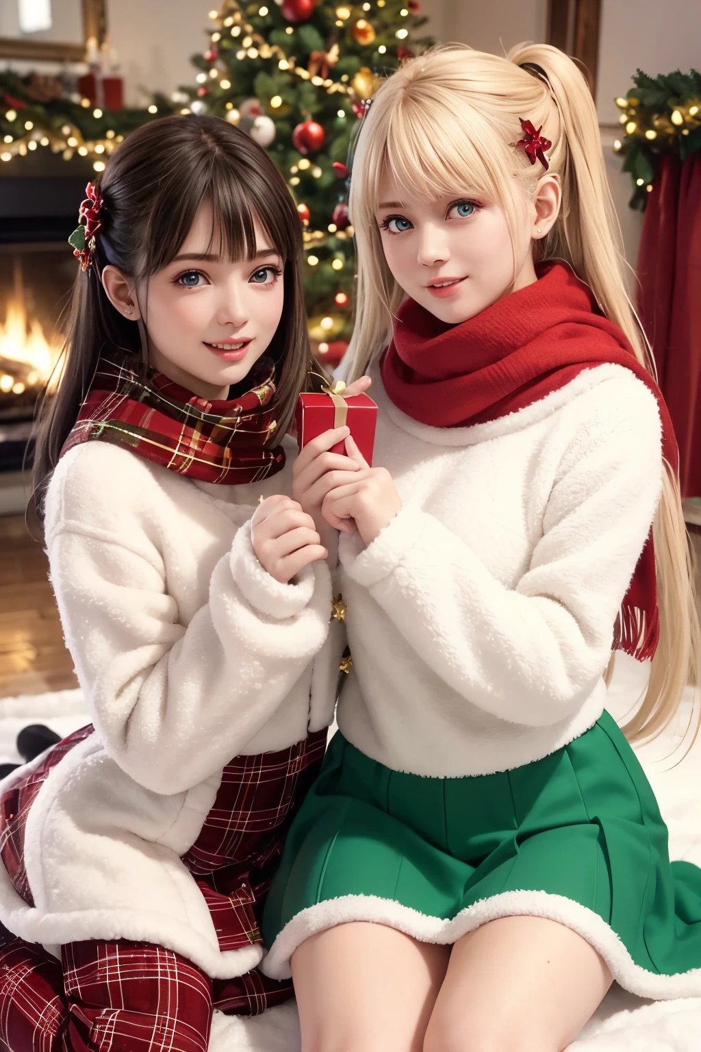 (Best Quality,Photorealistic,hight resolution),2girls,Beautiful detailed eyes,Beautiful detailed lips,Smiling,Laughing,Cute,Christmas Eve,Happy,having fun,Winters,Joyful,excited,Twinkling lights,Decorated Christmas Tree,clew,cosy atmosphere,Warm fireplace,magical moments,sparkling stars,Glowing candles,snowflakes falling,ground covered with soft snow,colorful holiday decorations,red and green colors,Elegant dresses,Fluffy scarves,Happy memories,cherish sisterhood,love and laughter、12-year-old sisters、a baby face、childish、Looking at the camera、Present Box、