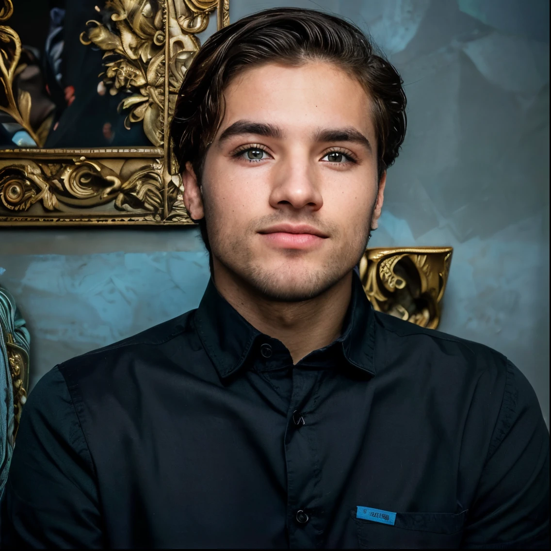 Rapaz com olhos azuis e uma camisa azul, Jovem com rosto bonito, rosto bonito perfeito, bonito rosto atraente, jovem bonito, rosto masculino bonito, cara perfeita e , lindo modelo jovem, modelo masculino, bonito rosto detalhado, lindo rosto atraente, retrato do jovem bonito, homem de olhos azuis, jovem atraente, modelo bem cuidado, square jawline, rapaz com barba, barba curta, Striking masculine traits, Colton Hayes 8k