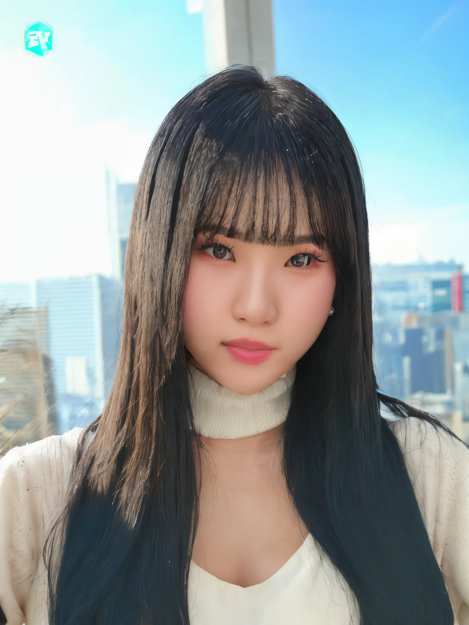 curvy Asian woman with long black hair and a turtleneck sweater, Lalisa Manobal, Fotografia selfie 8k, tzuyu de duas vezes, com franja, Lalisa Manoban do Blackpink, foto de perfil headshot, Chiho, cabelo arrumado com franja, Retrato de Jossi de Blackpink, young cute wan asian face, com franja completa
