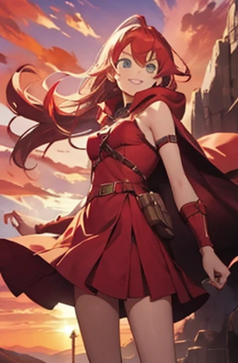 girl in red bikini, red cloak, red boots, red hood, long hair, red skirt, desert, sunset, red hair, loving smile, green eyes, red skies, ((lots of straps))