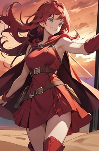 girl in red bikini, red cloak, red boots, red hood, long hair, red skirt, desert, sunset, red hair, loving smile, green eyes, red skies, ((lots of straps))