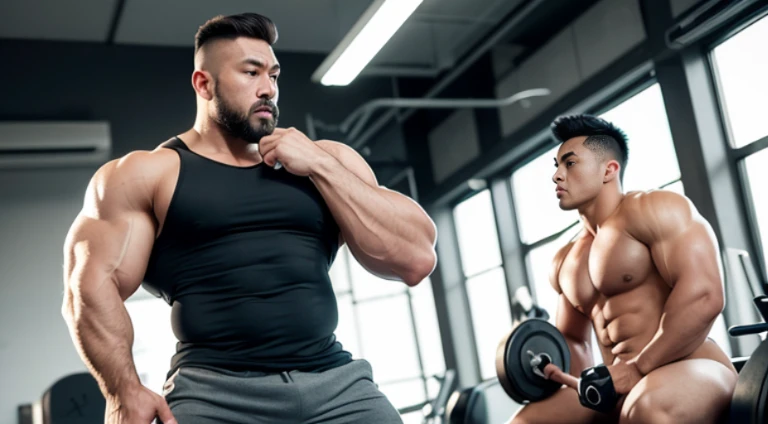 (Very detailed 8k wallpaper), two asian men, muscle worship, arms folded, At the gym, high detailing, buzzcut, very large and strong body, bulging muscles, well-muscled, very large pectoral muscles. Very sexy abs, legs are muscular, Toned figure, lightens oily skin, muscular, Tank top, T-shirt, longshot, Wide Shot