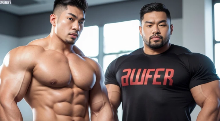 (Very detailed 8k wallpaper), two asian men, muscle worship, arms folded, At the gym, high detailing, buzzcut, very large and strong body, bulging muscles, well-muscled, very large pectoral muscles. Very sexy abs, legs are muscular, Toned figure, lightens oily skin, muscular, Tank top, T-shirt, longshot, Wide Shot