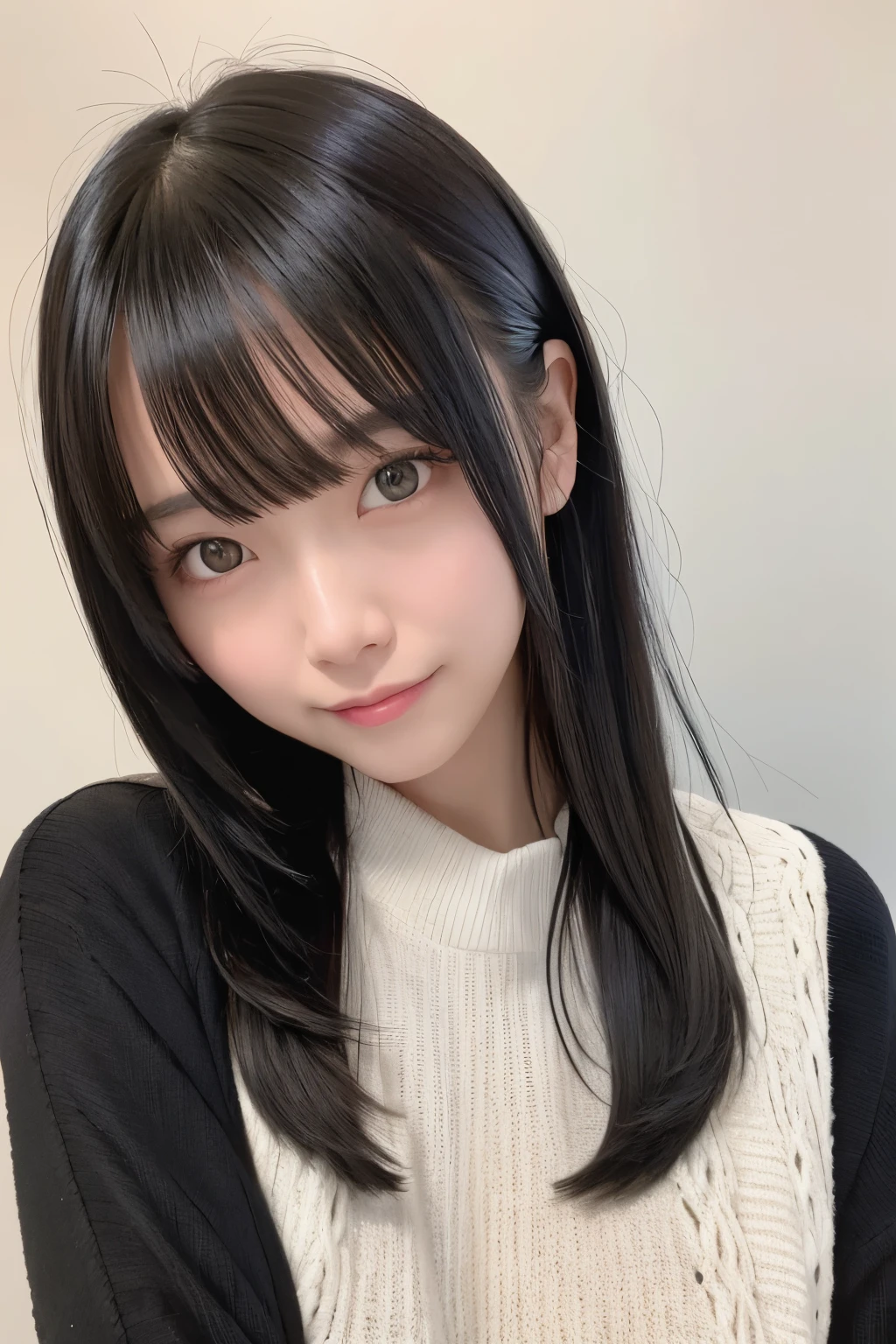 masterpiece, best quality,1girl, solo, black hair, realistic, long hair, black sweater, bangs, closed mouth, upper body, hime cut, smile