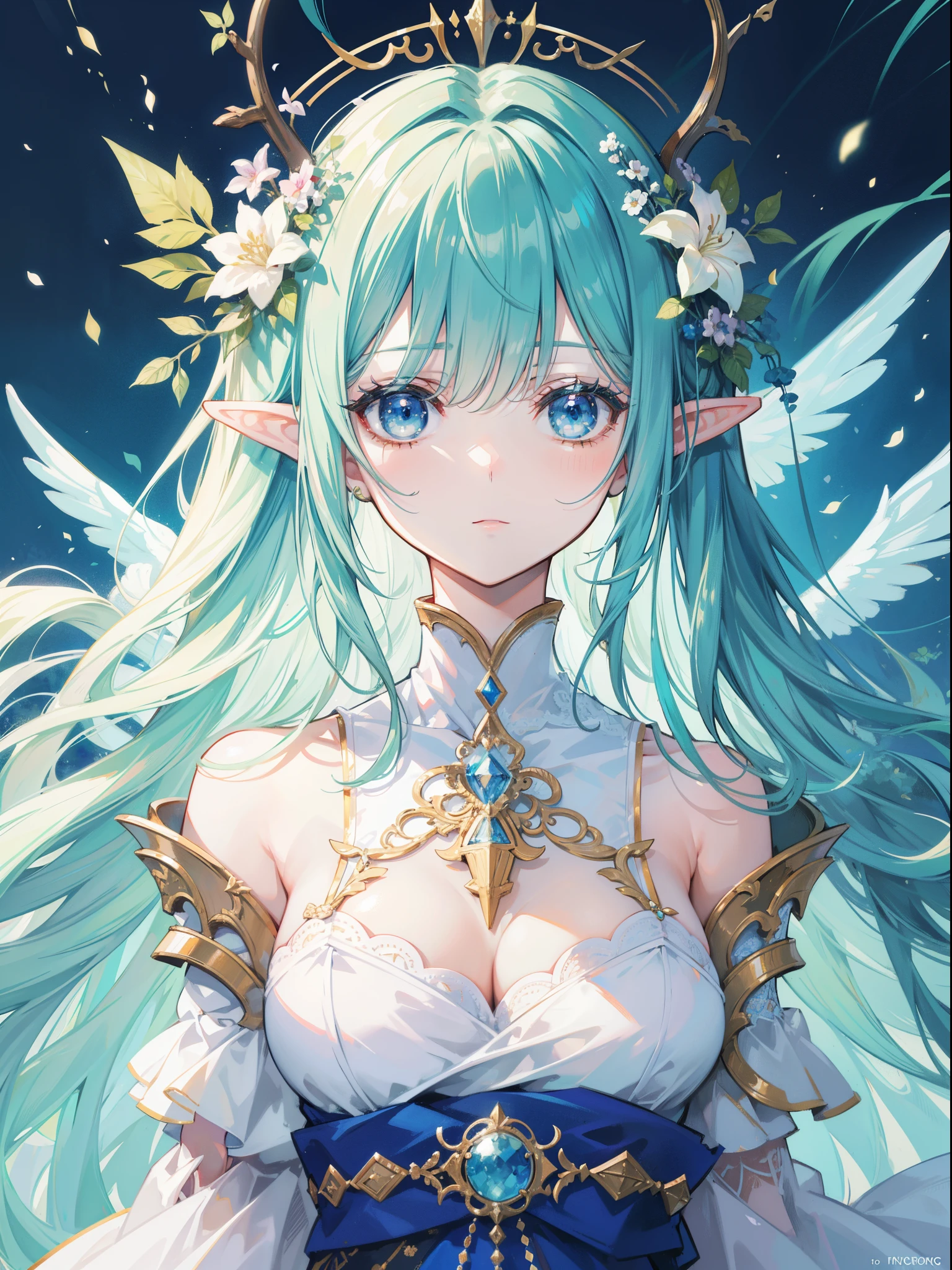 high quality, masterpiece, Delicate facial features, Delicate hair, Delicate eyes, Delicate hair, anime girl, deer antlers color hair, florals, Dreamy style, Fantastic flower garden, fantasy style clothing, Romantic dress, beautiful and elegant elf queen, Fantasy art style, Anime fantasy illustration, fey queen of the summer forest, anime art nouveau, goddess of the forest, portrait of an elf queen, A beautiful artwork illustration,8K high quality detailed art(Delicate facial portrayal)(Fine hair depiction)(highest quality)(masterpiece) 8k wallpaper,masterpiece, Best quality at best, ultra - detailed