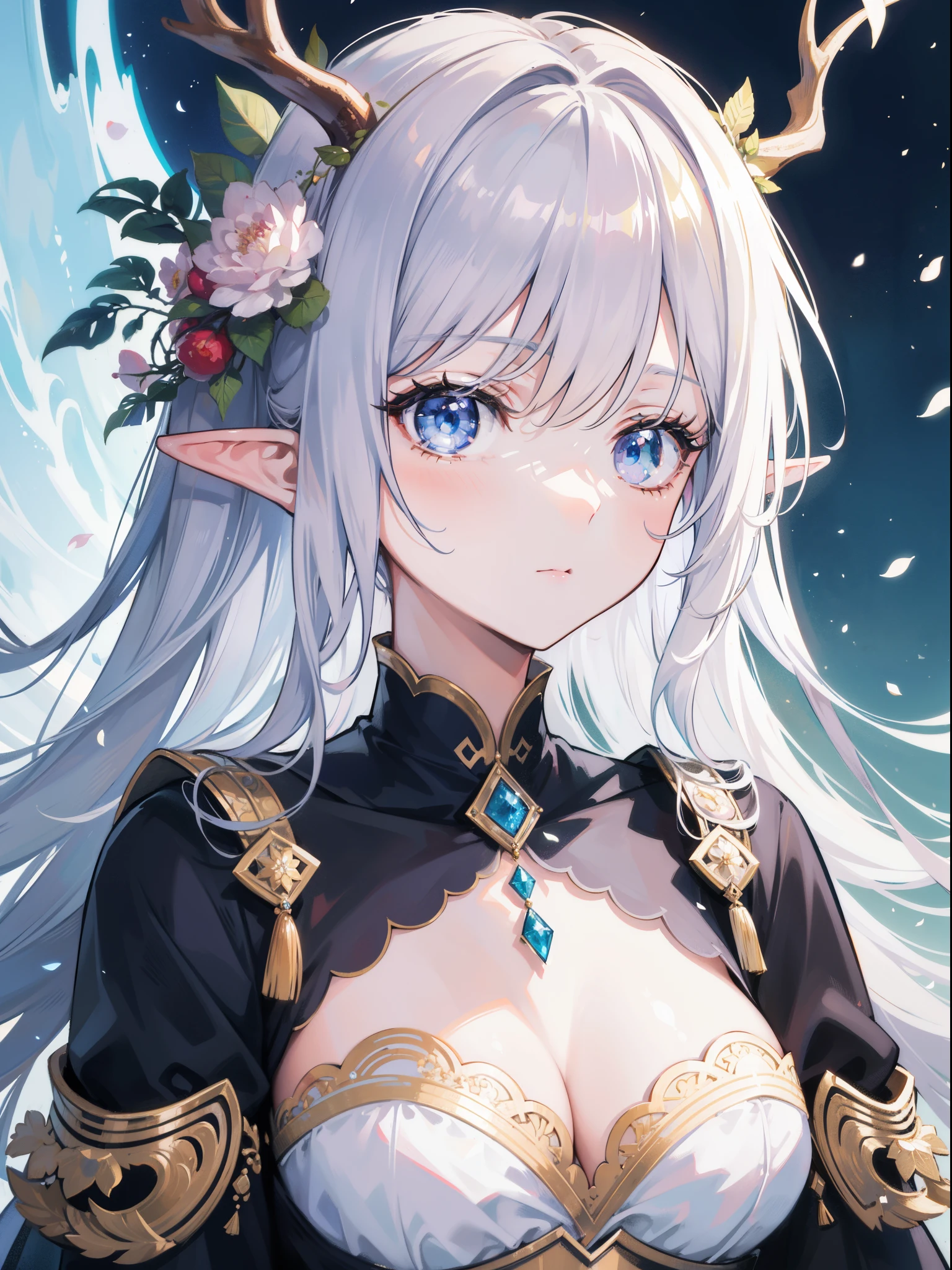 high quality, masterpiece, Delicate facial features, Delicate hair, Delicate eyes, Delicate hair, anime girl, deer antlers color hair, florals, Dreamy style, Fantastic flower garden, fantasy style clothing, Romantic dress, beautiful and elegant elf queen, Fantasy art style, Anime fantasy illustration, fey queen of the summer forest, anime art nouveau, goddess of the forest, portrait of an elf queen, A beautiful artwork illustration,8K high quality detailed art(Delicate facial portrayal)(Fine hair depiction)(highest quality)(masterpiece) 8k wallpaper,masterpiece, Best quality at best, ultra - detailed