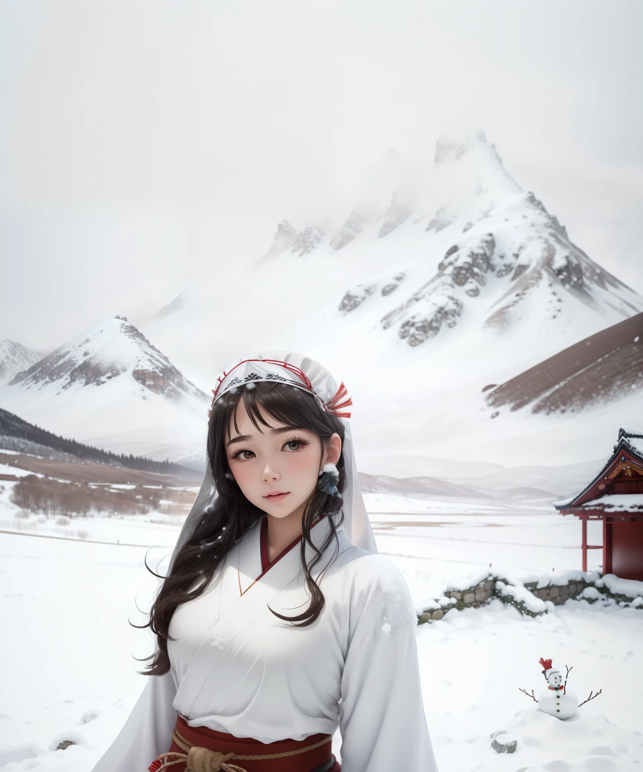 tmasterpiece, actual, quality, full bodyesbian, (((Beautiful Snow Woman)))), ((((The beautiful snow girl in ancient stories)))), (Japanese white kimono, white belt, long sleeves, fluttering red narrow silver eyelashes, fast-growing snowman style hair accessories), 20yr old, ( The snowy mountains in the blizzard are blurred by the snow))), face down and face up, ((((No headdress)))), realisticlying, blur backgroun