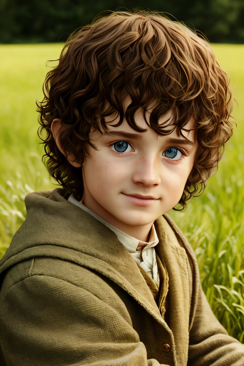 (cbzbb:1.25), Portrait of a child Frodo Baggins, Frodo Baggins 10 y.o., artstation, CGI_Animation, Realistic