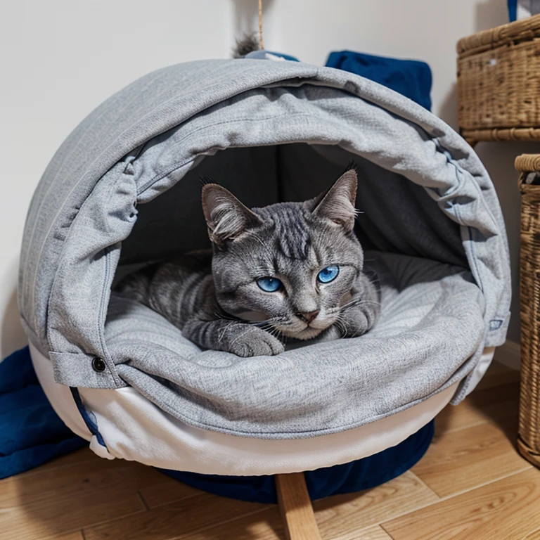 A grey scotish fold cat with blue eyes and a blue colar sleeping in a cat tree