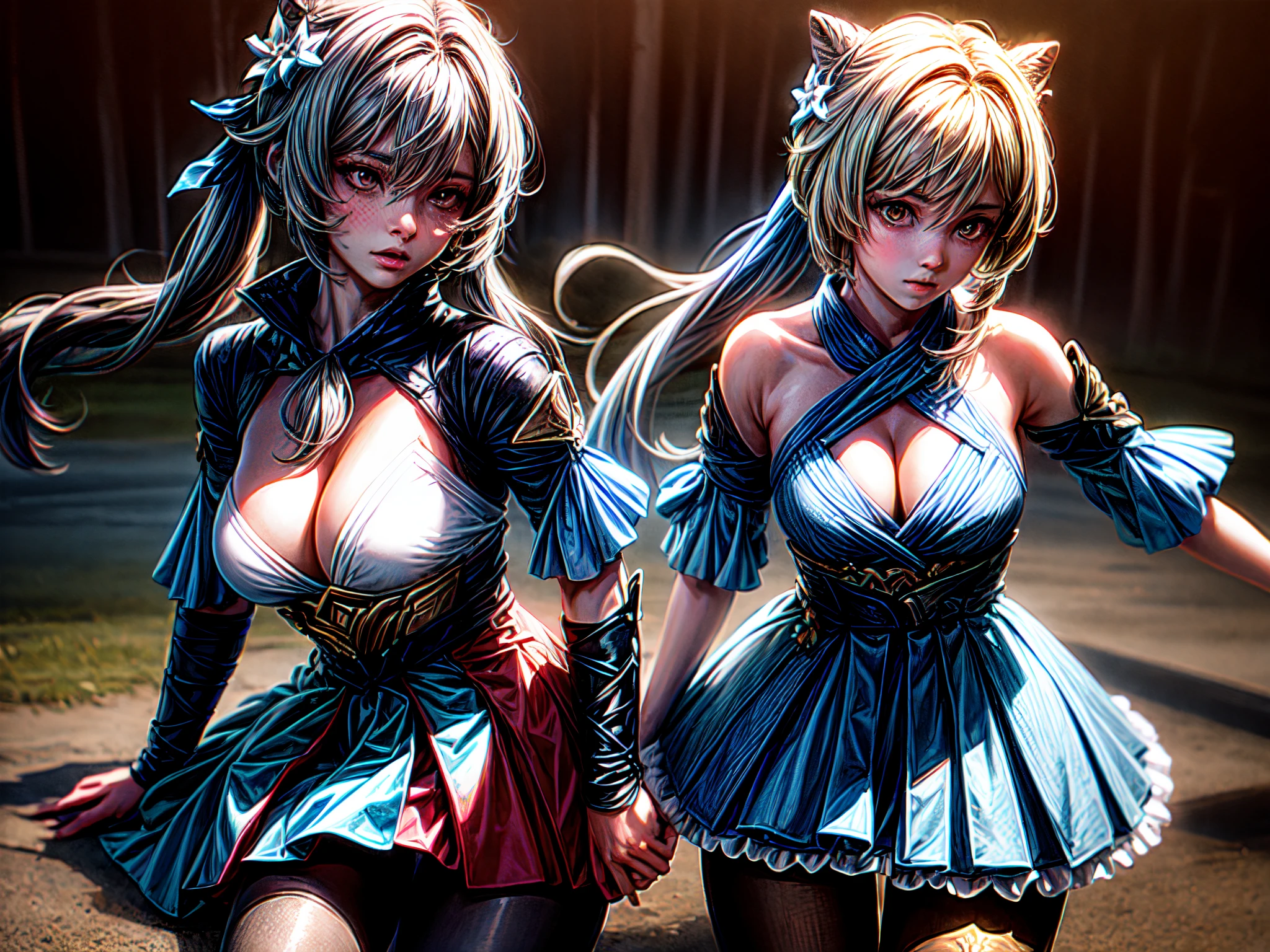 (2 detailed girls, well-defined bodies), wearing armor with exposed body parts, holding matching katanas, while defending themselves from monsters. (best quality, highres, ultra-detailed), (realistic:1.37), vibrant colors, dramatic lighting