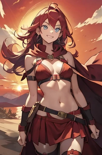 girl in ((red bikini)), red cloak, red boots, red hood, long hair, red skirt, desert, sunset, red hair, loving smile, green eyes, red skies, ((lots of straps)), ((garter)), bellybutton ruby