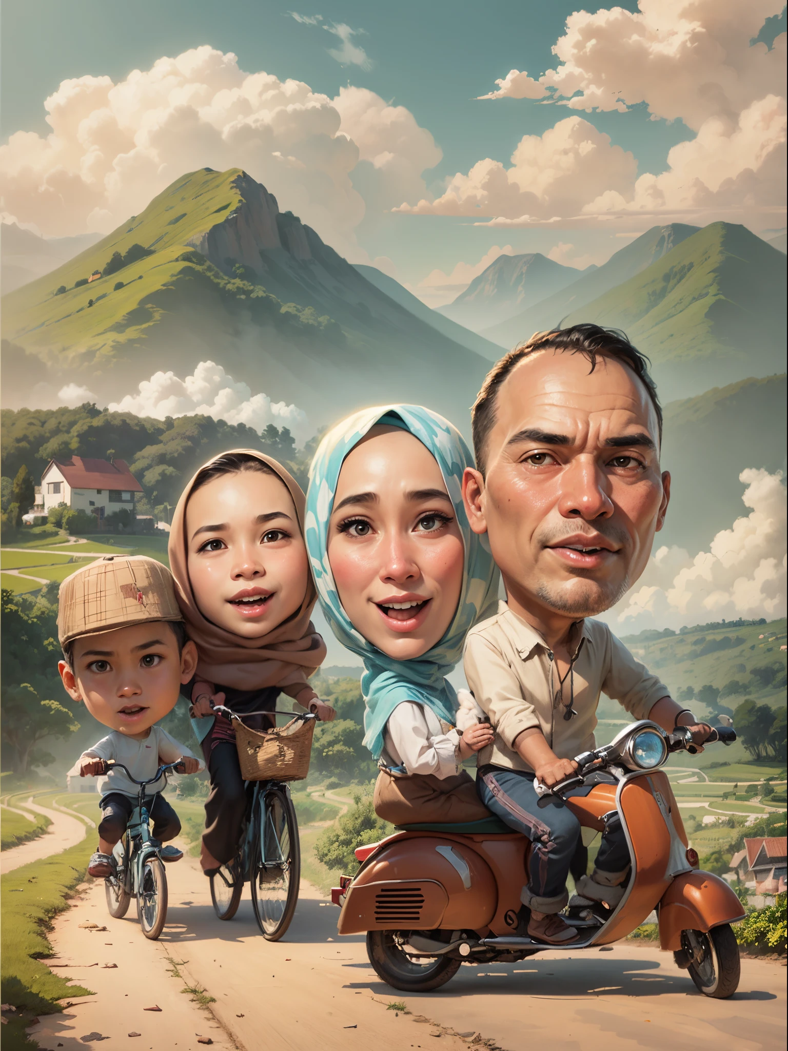 cartoon of a family riding bikes Rural road in Indonesia, Mother wears the hijab, with rice fields on either side and houses of villagers and with a sky background, Blue sky and beautiful clouds, The rocky road in the countryside leads straight up the mountain, Blue sky and beautiful clouds, caricature illustration, caricature style, an indonesian family portrait, potrait, digital art cartoon, cartoon artstyle, in cartoon style, cartoon digital art, cartoon digital painting, caricature, cartoon style illustration, happy family, cartoon art, cartoon portrait, digital cartoon painting art, caricature!!!, classic portrait
