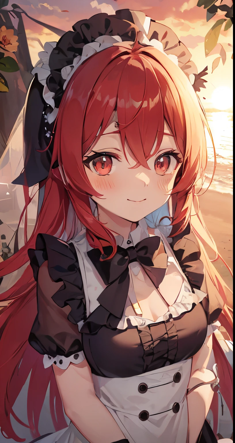 red tinted hair,red - eyed,sandbeach,Seafront,the sunset