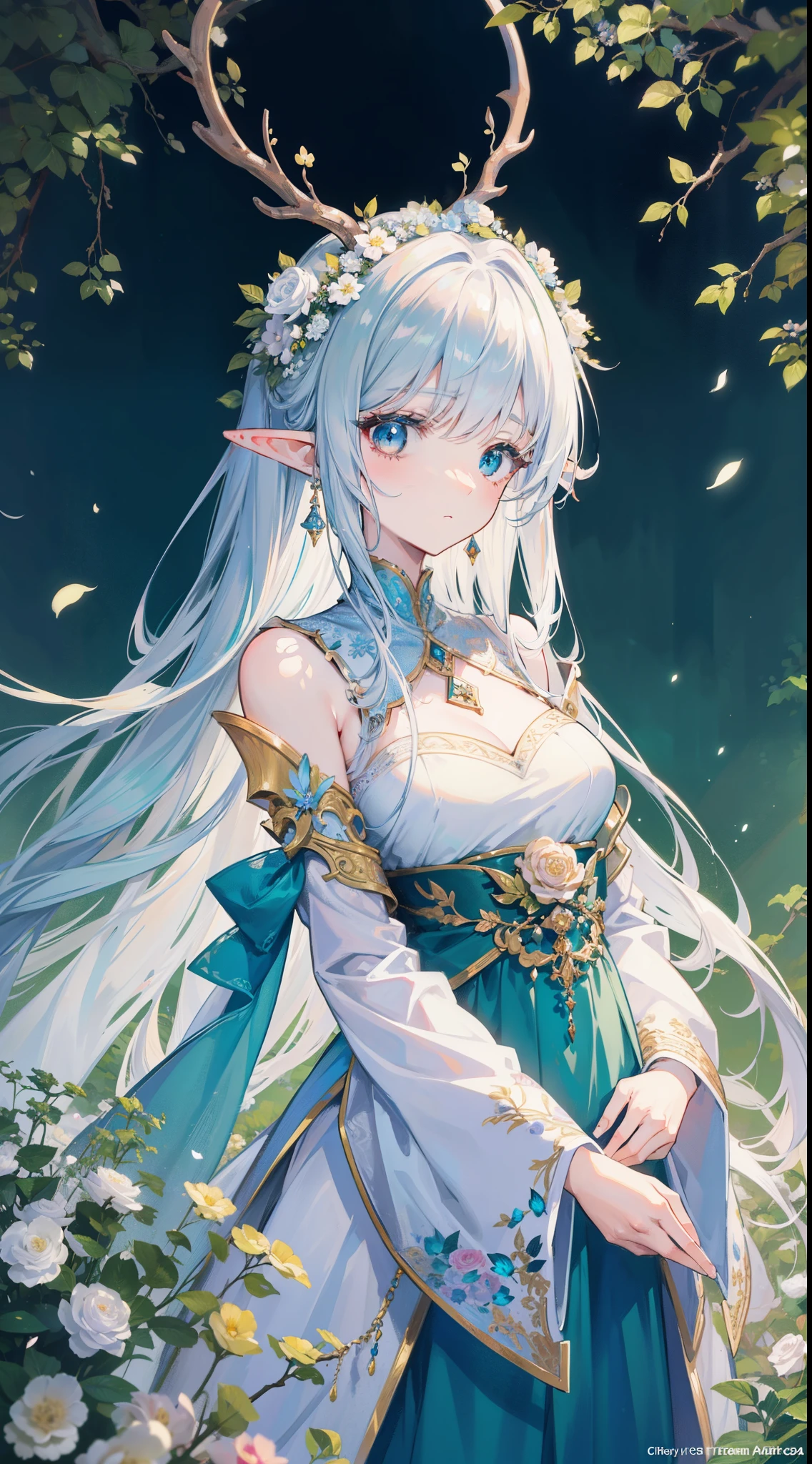 high quality, masterpiece, Delicate facial features, Delicate hair, Delicate eyes, Delicate hair, anime girl, deer antlers color hair, florals, Dreamy style, Fantastic flower garden, fantasy style clothing, Romantic dress, beautiful and elegant elf queen, Fantasy art style, Anime fantasy illustration, fey queen of the summer forest, anime art nouveau, goddess of the forest, portrait of an elf queen, A beautiful artwork illustration,8K high quality detailed art(Delicate facial portrayal)(Fine hair depiction)(highest quality)(masterpiece) 8k wallpaper,masterpiece, Best quality at best, ultra - detailed