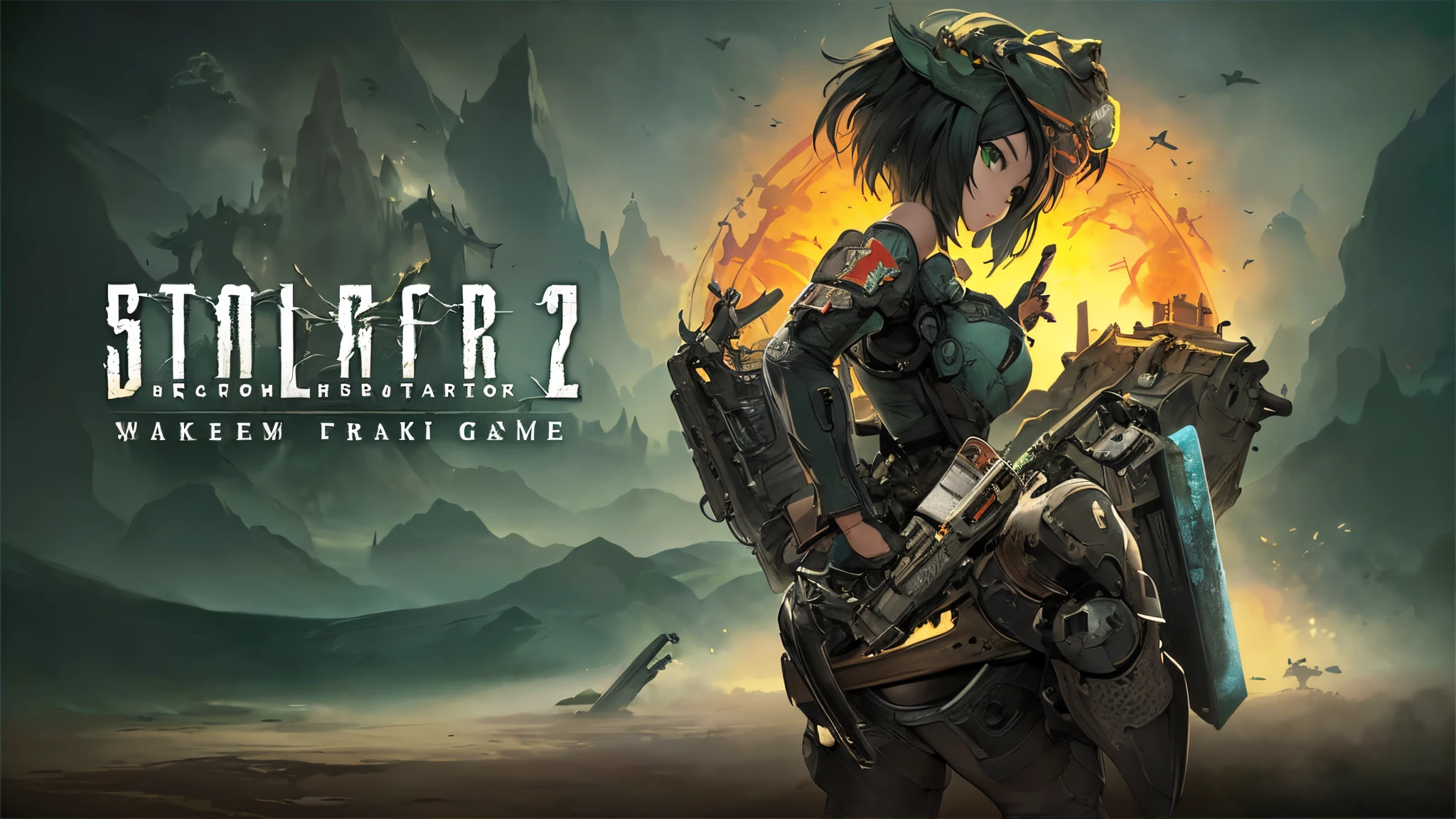 front cover of a video game, pc game, key art, game poster, cover game art, solo, (girl), (((side shot))), black hair, green eyes, peaceful face, art