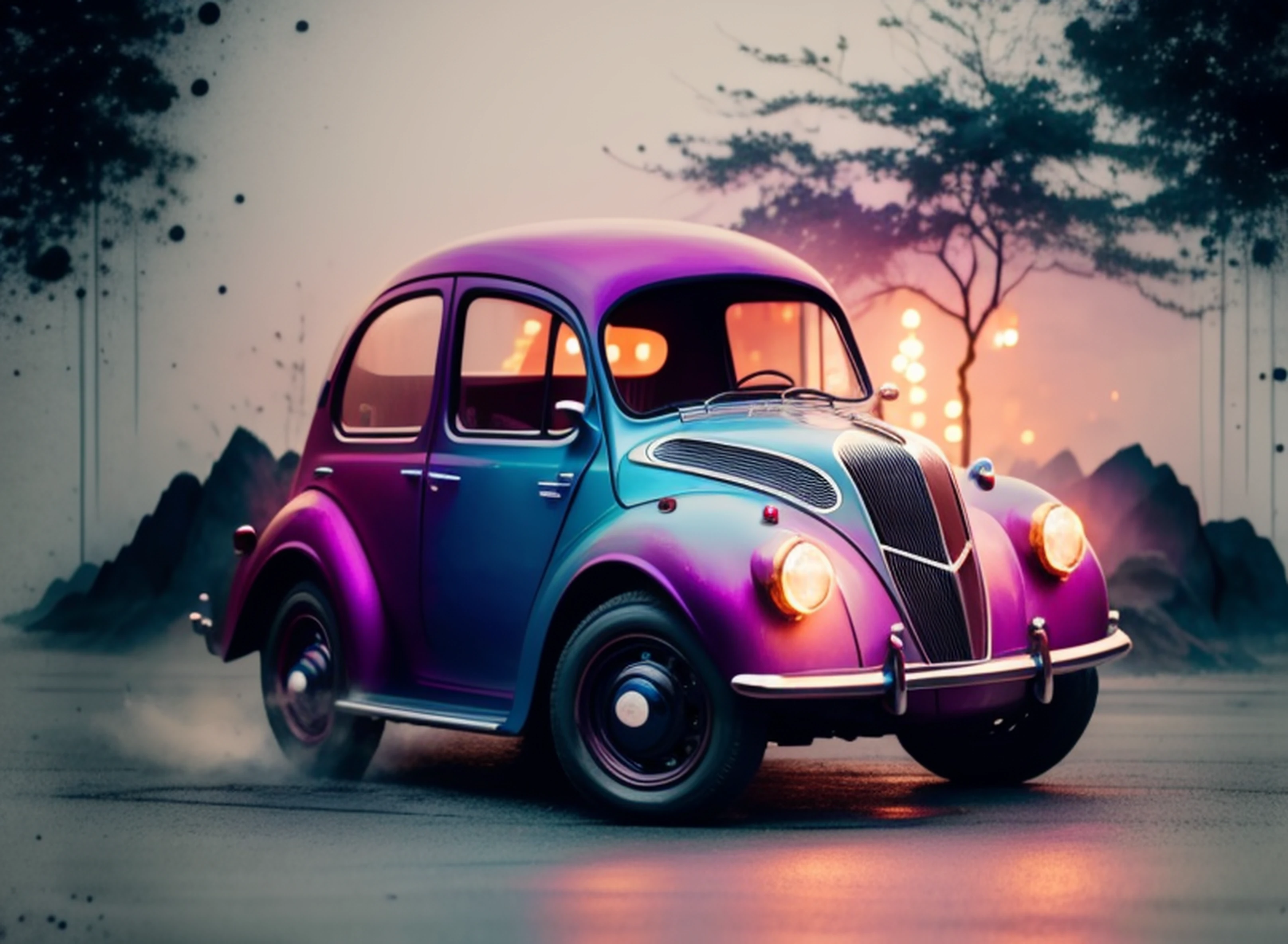 EStilo futurista, luces de neon, Un primer plano de un coche, fondo futuristico de noche, luces de neon, cuerpo ancho, Surrealist illustration, Arte oscuro surrealista, obra maestra, hiperrealista, lluvia, alta definicion