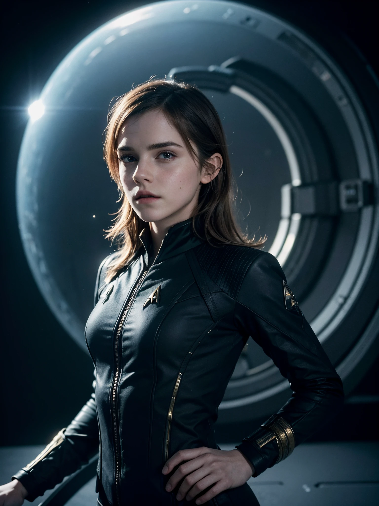 Emma Watson, star trek, upper body, masterpiece, ultra-detailed, ultra realistic, full-entire body, ((((photorealistic, 8k))), star trek uniform, bridge of a space