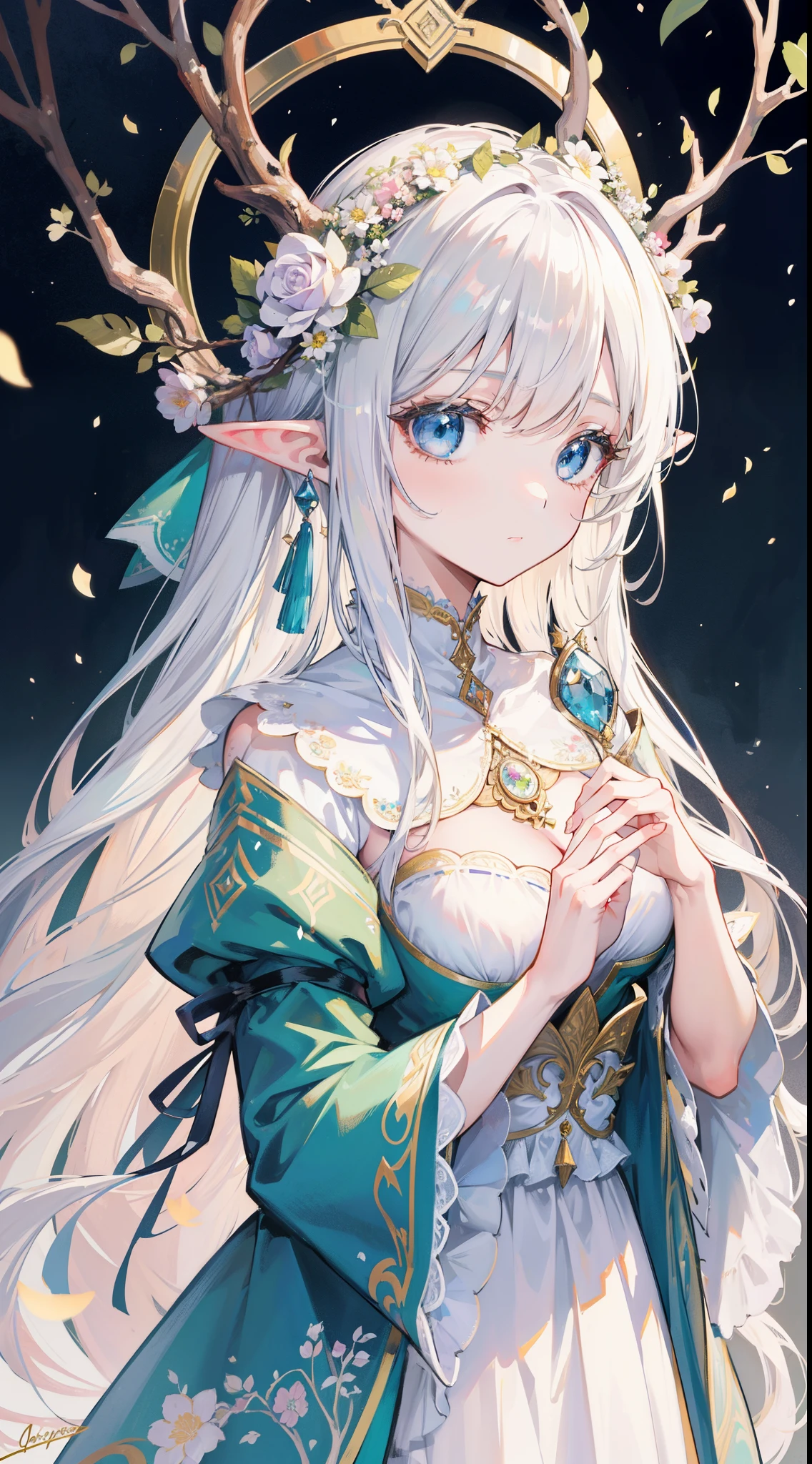 high quality, masterpiece, Delicate facial features, Delicate hair, Delicate eyes, Delicate hair, anime girl, deer antlers color hair, florals, Dreamy style, Fantastic flower garden, fantasy style clothing, Romantic dress, beautiful and elegant elf queen, Fantasy art style, Anime fantasy illustration, fey queen of the summer forest, anime art nouveau, goddess of the forest, portrait of an elf queen, A beautiful artwork illustration,8K high quality detailed art(Delicate facial portrayal)(Fine hair depiction)(highest quality)(masterpiece) 8k wallpaper,masterpiece, Best quality at best, ultra - detailed