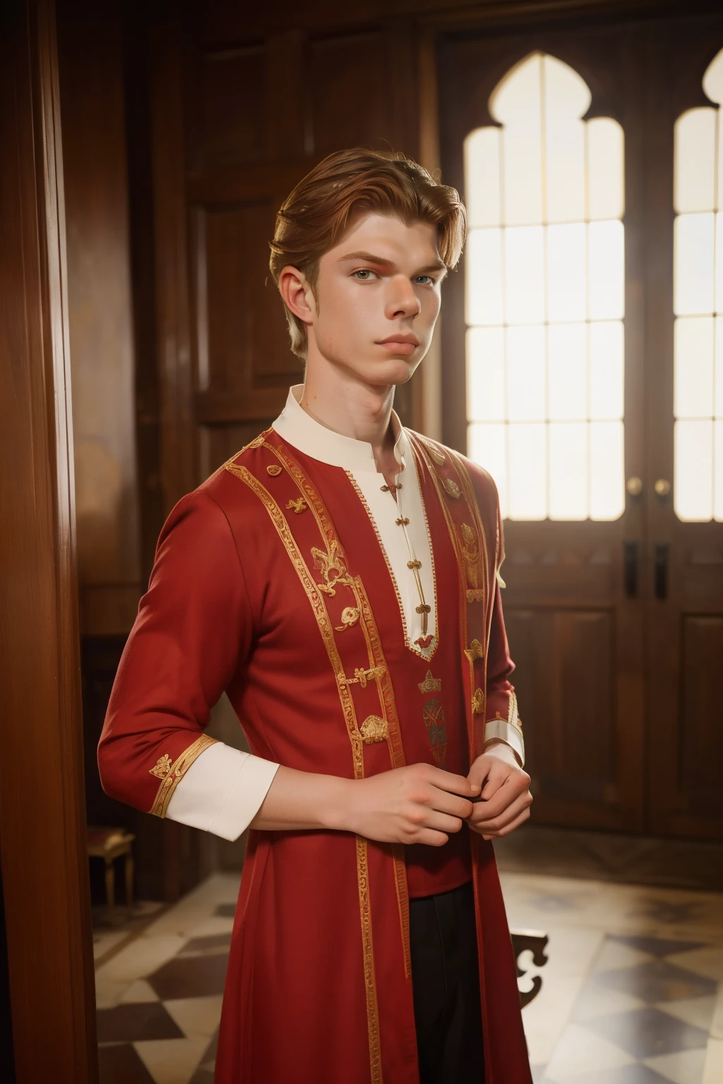 1136, Earlcastle, England. otherworldly scene in a luxurious medieval house, ((((19-year-old)) Hunter Parrish)), humiliated, red with ((anger, frowning)), ((sadistic expression, smirk)), ((((tunic from the 12th century)))), ((Hairstyle of the 12th century)), ((Wes Anderson cinematic style)), colorful