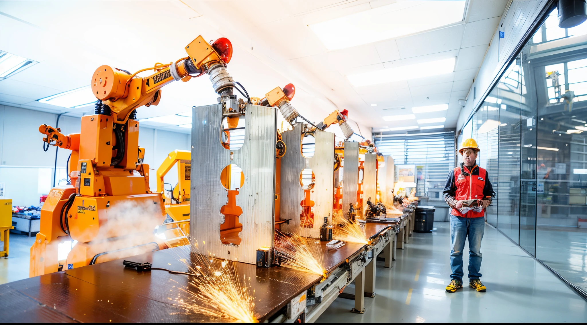 industrial robots in a factory with a hold the big razor blades, conveyor belt, industrial robots, robot machinery, robotic machines, robotic arms, robotic machinery, robot factory, industrial robot, robot arms, extended robotic arms, robotic, robotic platform, with robotic arms, robot in construction, robotic extended arms, realistic robotic machinery, machines and futurist robots, automation, robots, very detailed, very detailed razor blade, a worker standing at the right side wearing orange suit with yellow helmet, factory worker holding document, window glass at the right side of the worker wearing yellow helmet