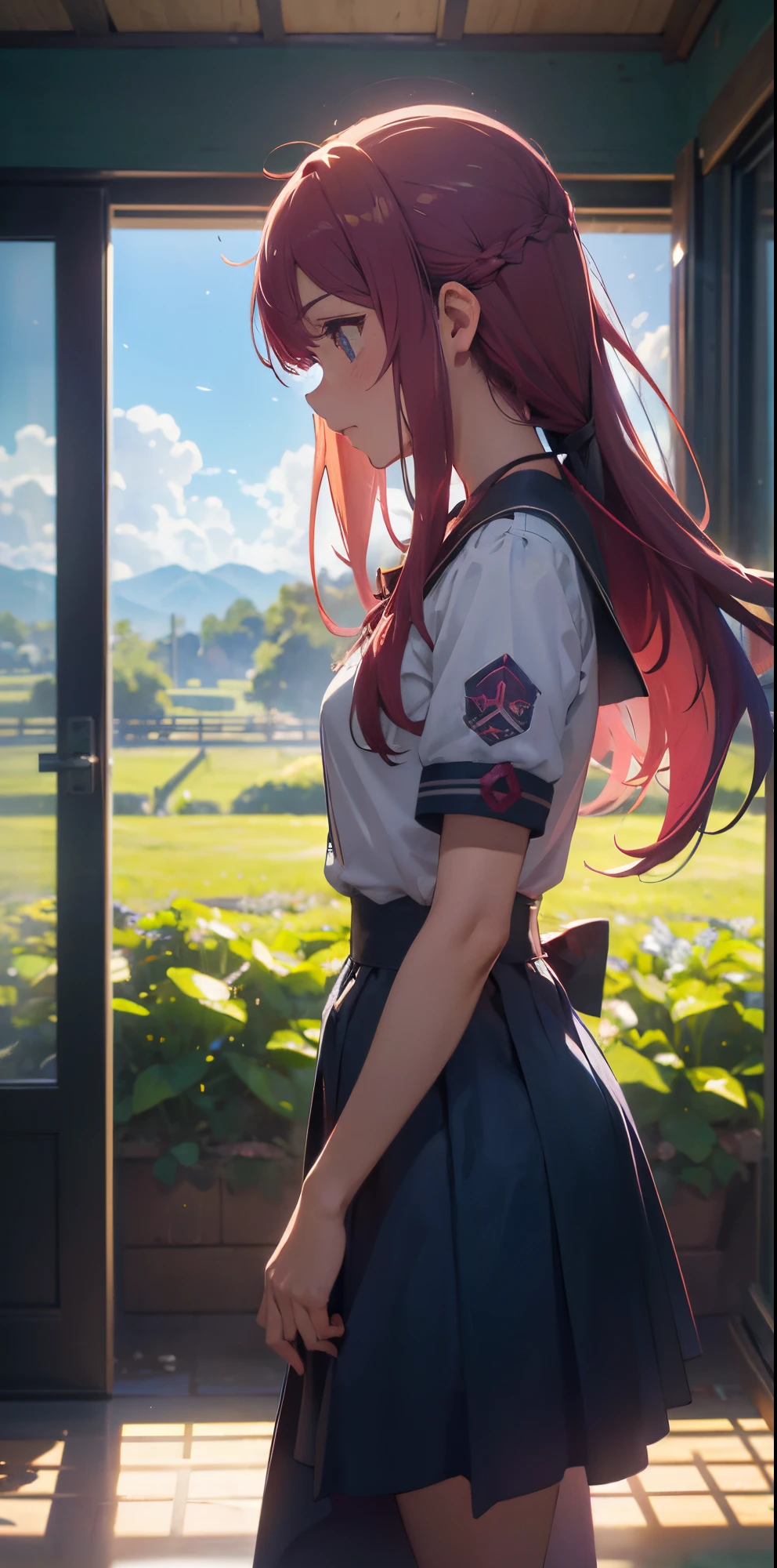 Gasai Yuno, cabello color rosado, sentada, Uniforme escolar, Adaptation of Sword Art online, Trazos rojos que simulan la velocidad del personaje, Modo de batalla, (ultrarrealista), {Fondo de pantalla extremadamente detallado de la unidad CG 8k}, Vastas fotos de paisajes, (A central vision that prioritizes the whole character, (Vista de campo abierto), (Low-angle shot), (destacar: 1.5), (baja iluminancia: 1.0), (warm light source: 1.0), detalles intrincados, (Colores iridiscentes: 1.5), (bright illumination), (Atmospheric Illumination), sword art online, Dreamy, anime