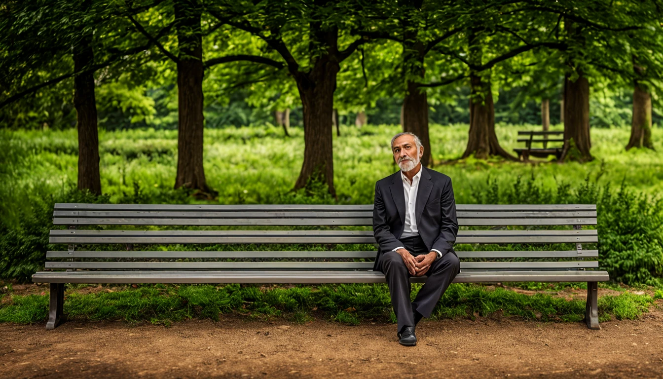 Generate an image of a Stoic philosopher in a calm position in a square. Emphasize serenity in facial expression and posture. Use soft colors to convey harmony and peace. Position the philosopher in a contemplative manner, perhaps sitting on a bench or observing nature. Integrate elements of the square, such as trees and benches, to emphasize the serene environment.