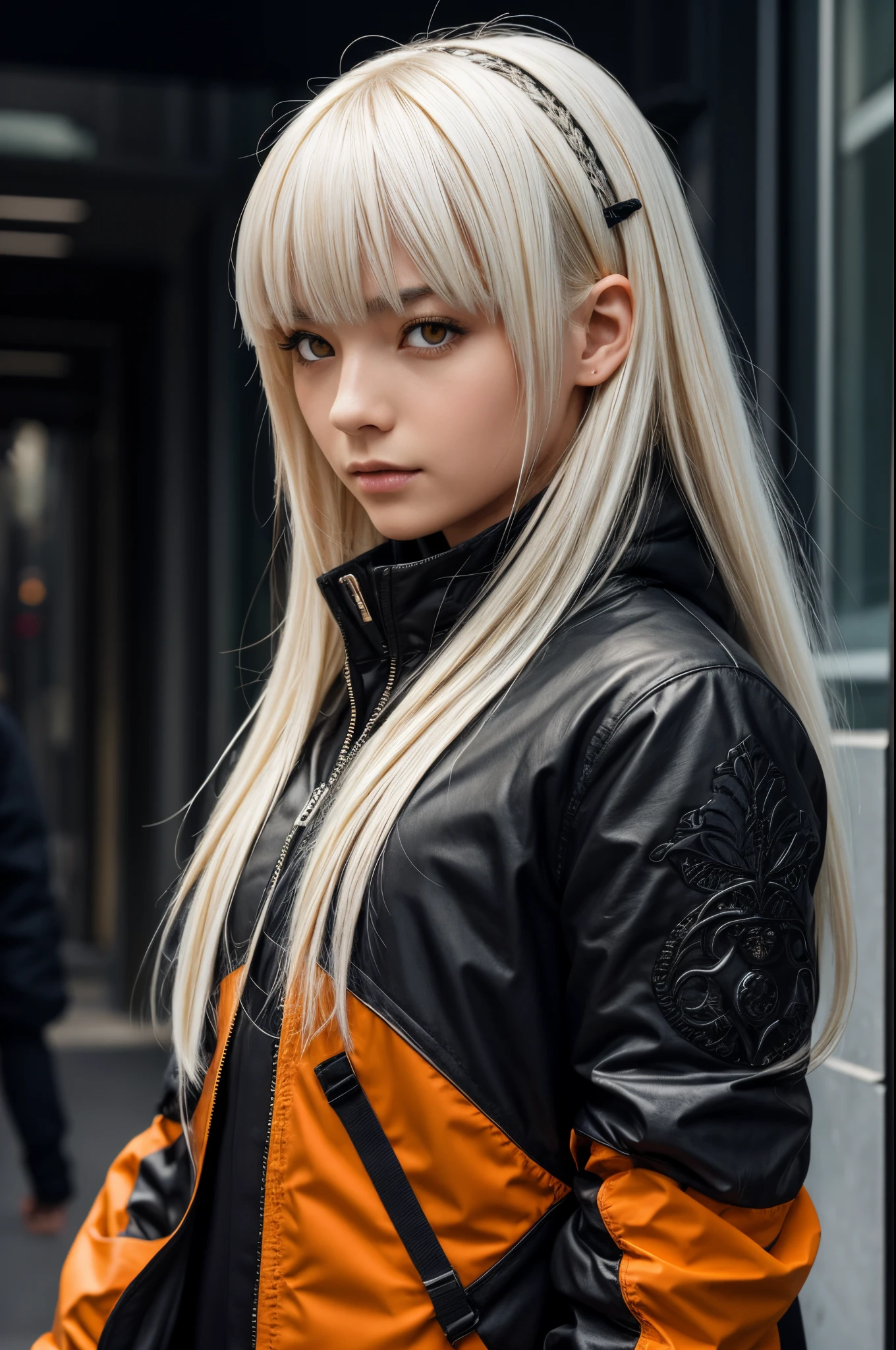 style of Tsutomu Nihei,(incredibly absurdres, (high resolution:1.18), intricate detail, (masterpiece:1.1), (highest quality:1.1), absurdres),(1girl, portrait, white hair, orange eyes, long hair, detailed eyes),