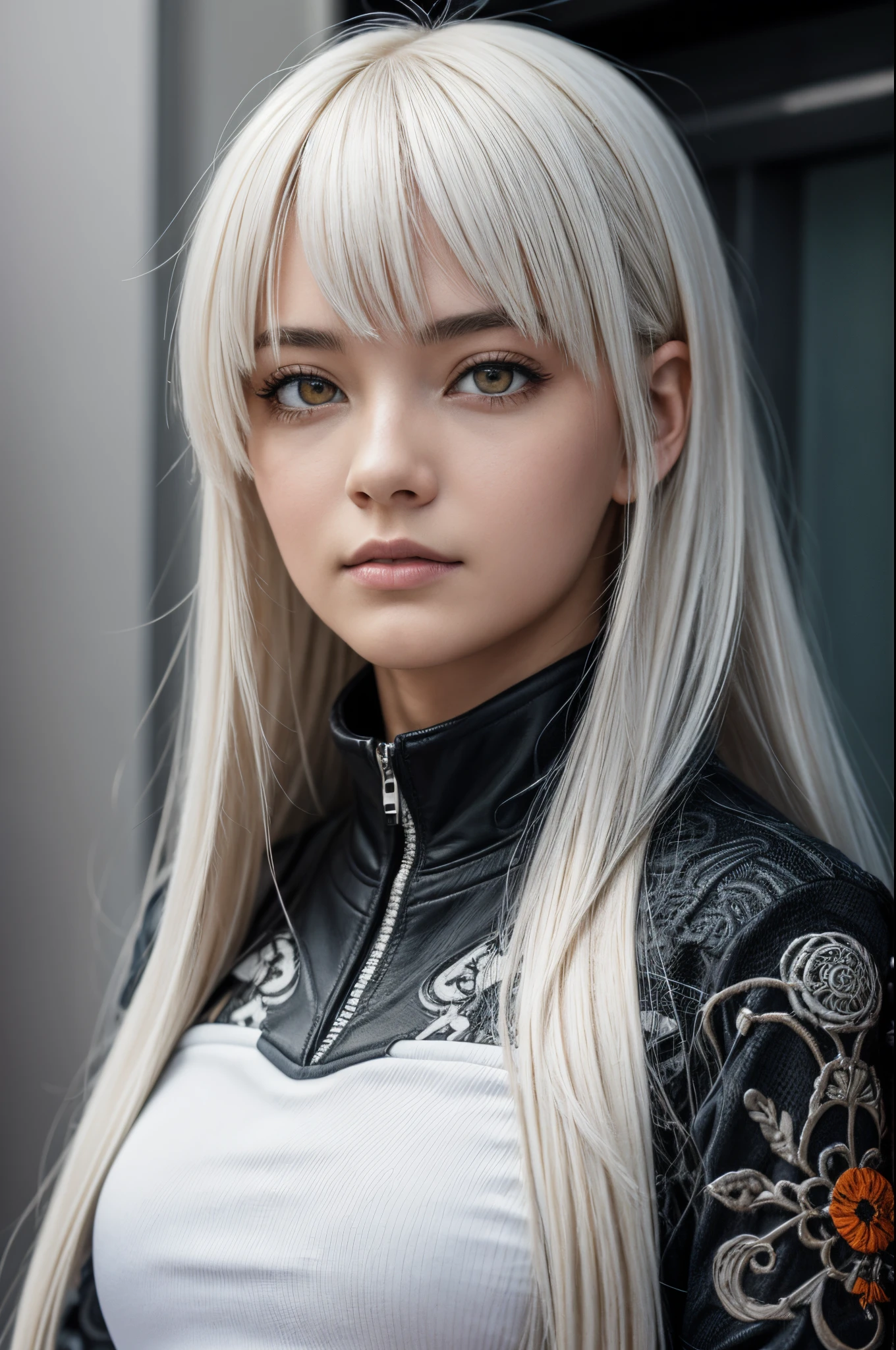 style of Tsutomu Nihei,(incredibly absurdres, (high resolution:1.18), intricate detail, (masterpiece:1.1), (highest quality:1.1), absurdres),(1girl, portrait, white hair, orange eyes, long hair, detailed eyes),