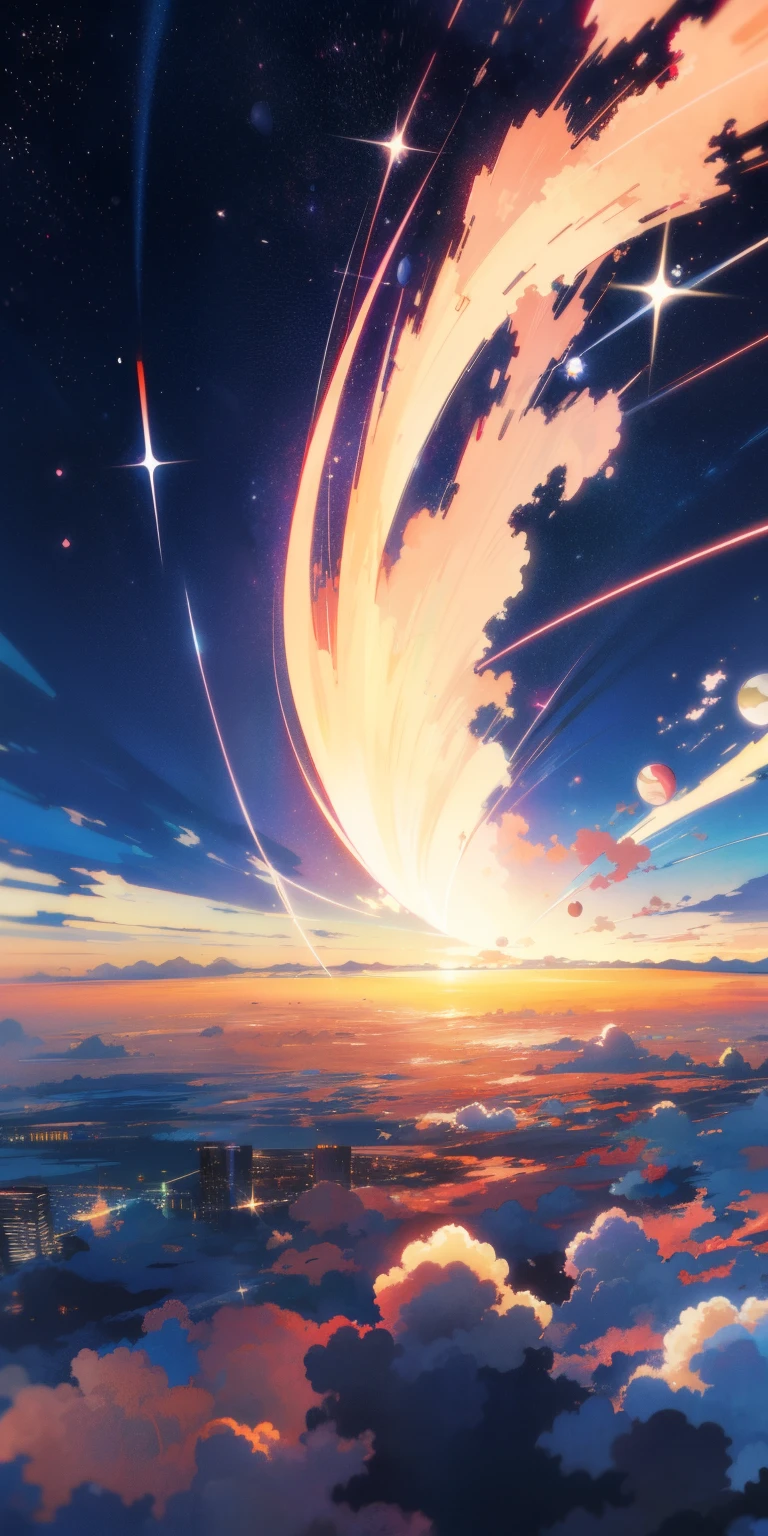 anime - style scene of a beautiful sky with a star and a planet, cosmic skies, Cityscape. by makoto shinkai, anime art wallpaper 4k, anime art wallpaper 4 k, anime art wallpaper 8 k, anime wallpaper 4k, anime wallpaper 4 k, 4k anime wallpaper, anime sky, amazing wallpaper, anime background, heaven planet in background, anime background art