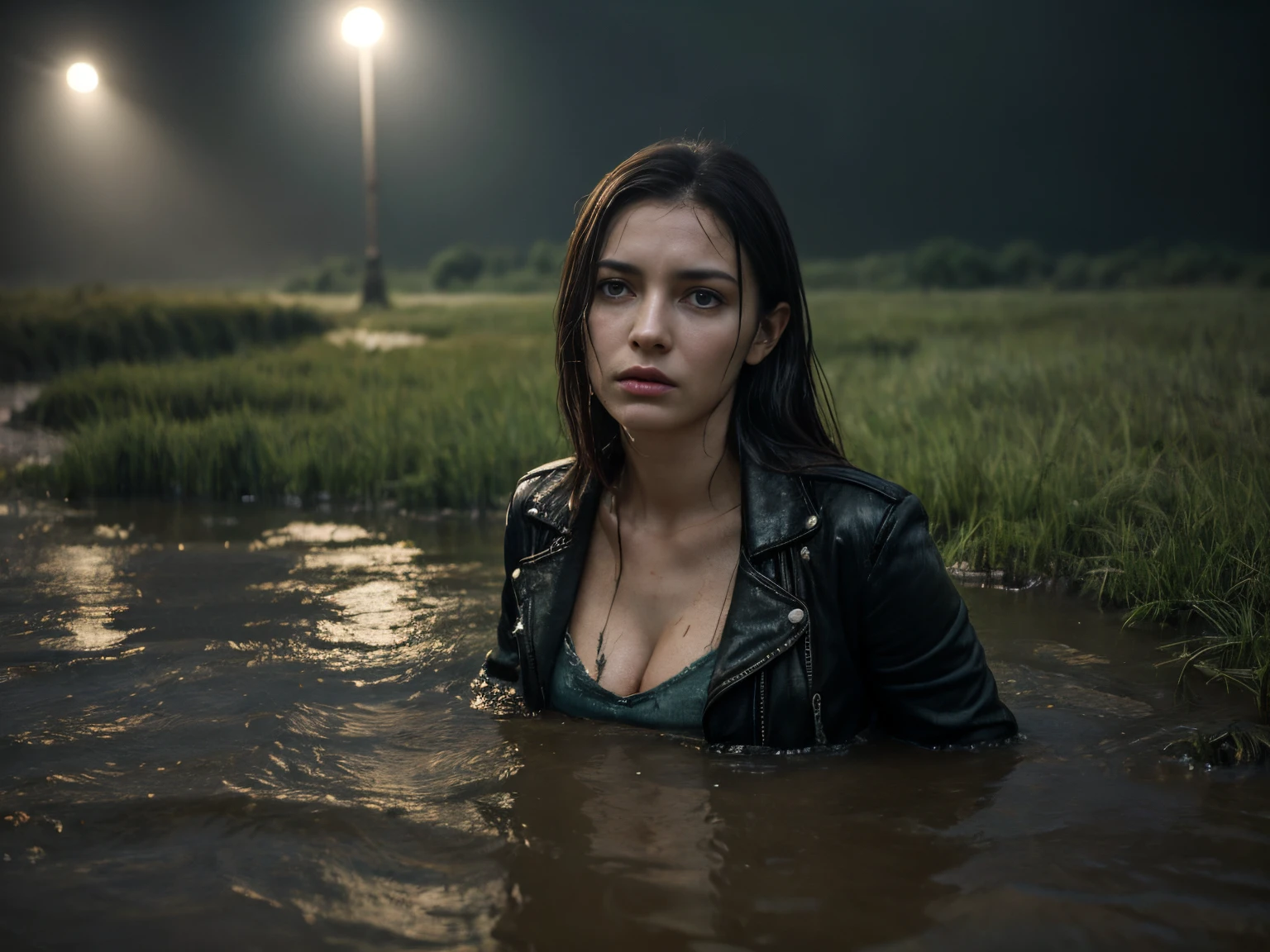 A woman in jeans, leather jacket, sinking in a swamp, public masturbation, shame, hopelessness, loss of dignity, (best quality, 4k, highres, masterpiece:1.2), ultra-detailed, (realistic, photorealistic, photo-realistic:1.37), dark and gloomy lighting, intense emotions, distressed facial expression, tangled hair, muddy surroundings, murky water, luscious green moss, desolate atmosphere, lonely and isolated feeling, heavy rain pouring down, dramatic composition, hauntingly beautiful, eerie ambiance.