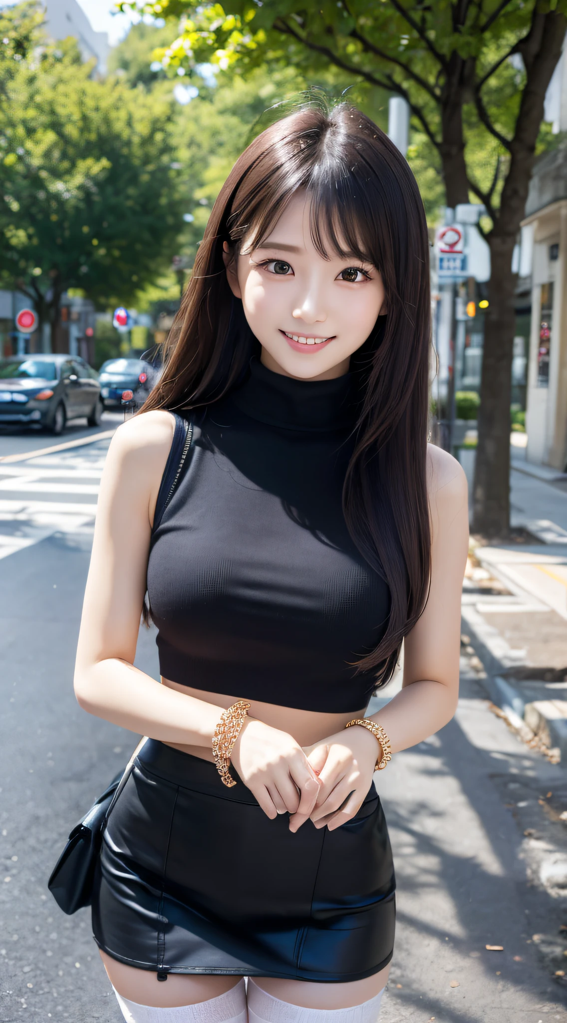 1girl in, 24 year old,(11 head body:2.0),(beauty legs:2.0),(Refreshing smile:1.2),(Look at viewers:1.1),straight haired, Long hair, (hide one's hands:2.0) 、(Large bracelet:1.2)、(White High Neck Sleeveless Knit), (Black tight skirt:1.5),(Black stockings), (a japanese girl, hposing Gravure Idol), 、(Street Trees:1.2), 135 mm, Fuji Film,