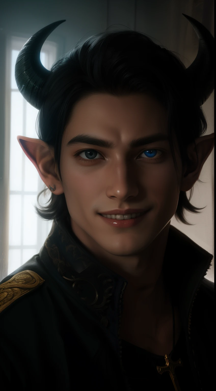 black hair, short tail, Widow's Peak, angel halo, horns demon, colorful eyes, pointed ears, Smile, Young man, conceptual art, Realism, chiaroscuro, anatomically correct, Textured skin