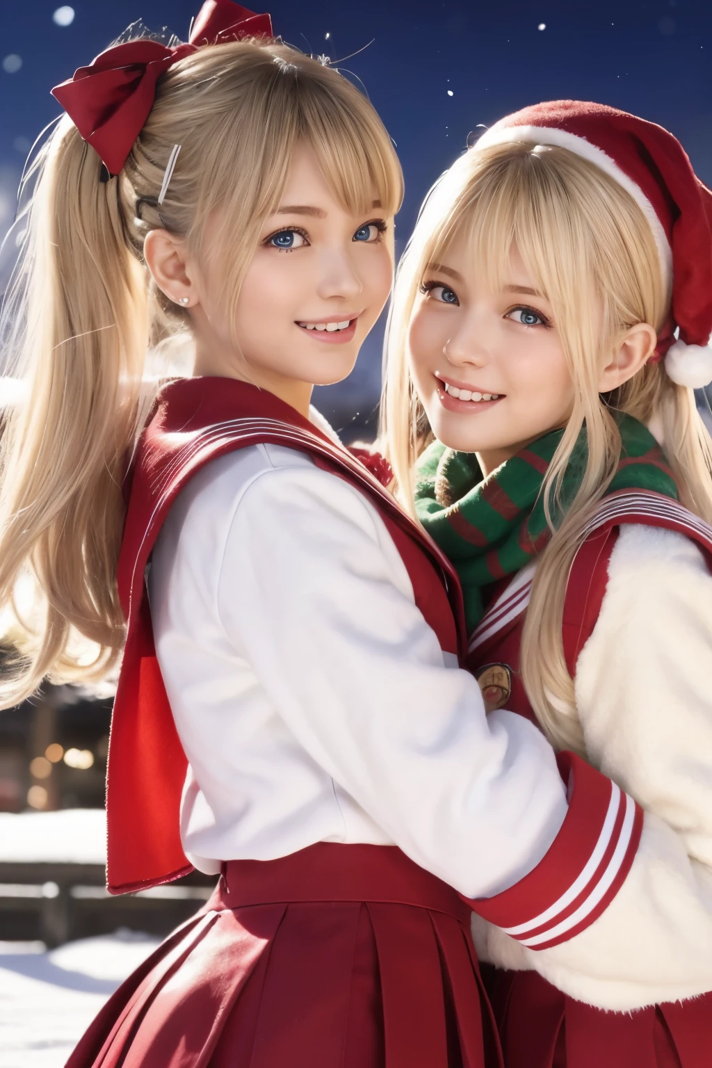 Twin Marie rose, Blonde hair, (Best Quality,Photorealistic,hight resolution),2girls,Beautiful detailed eyes,Beautiful detailed lips,Smiling,Laughing,Cute,Happy,having fun,夏天,Joyful,excited,Twinkling lights,clew,cosy atmosphere,magical moments,sparkling stars,Glowing candles,snowflakes falling,ground covered with soft snow,colorful holiday decorations,red and green colors,Elegant dresses,Fluffy scarves,Happy memories,cherish sisterhood,love and laughter、a 、childish、ng at the camera、a sailor suit，Japan school uniform，