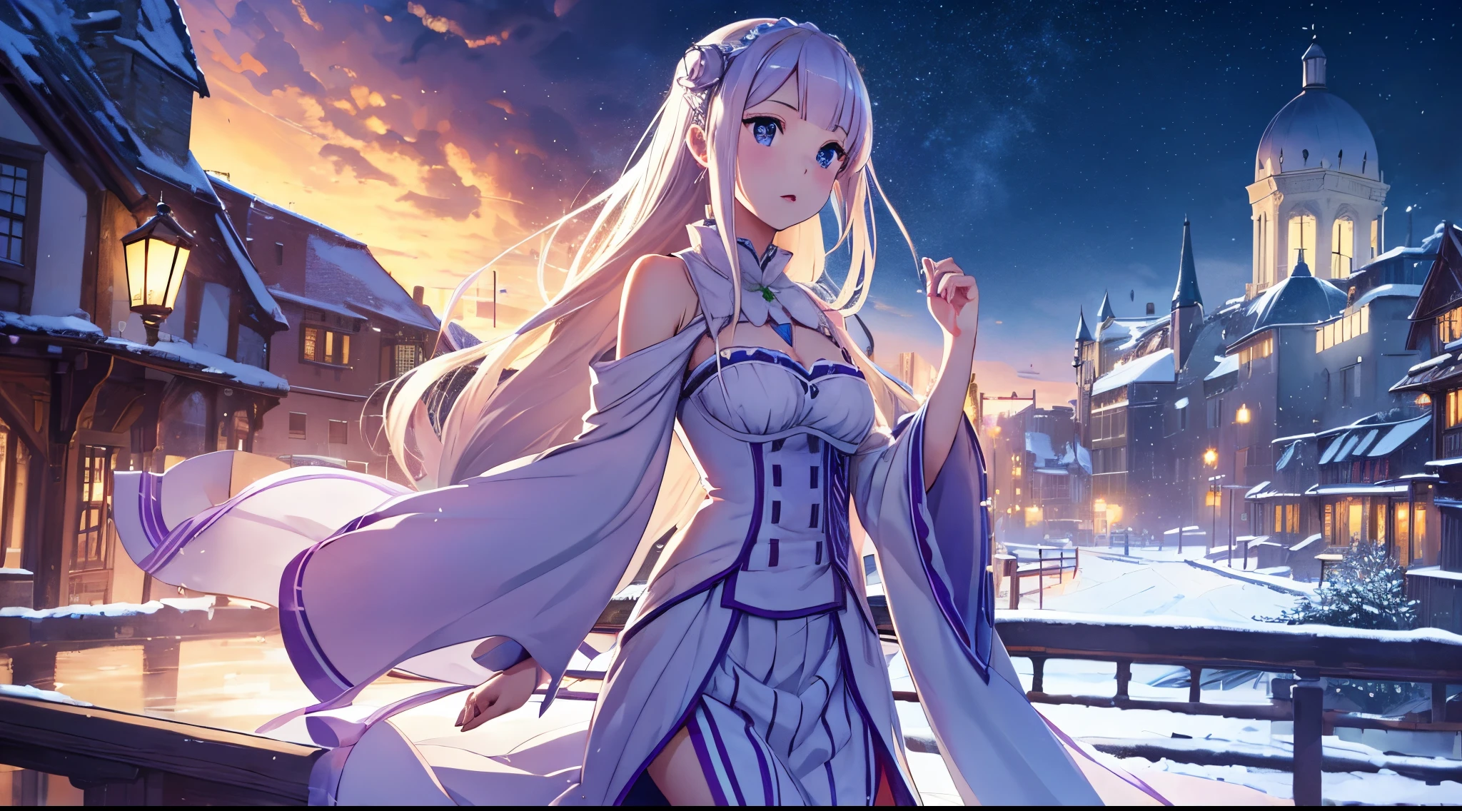 re:zero, (new season poster), medieval city, detailed, masterpiece, 8k, realistic, emilia, snow, Christmas