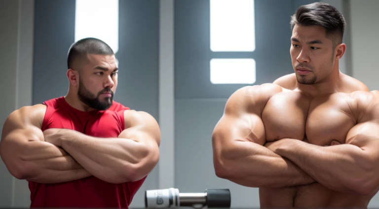 (Very detailed 8k wallpaper), two asian men, muscle worship, arms folded, At the gym, high detailing, buzzcut, very large and strong body, bulging muscles, well-muscled, very large pectoral muscles. Very sexy abs, legs are muscular, Toned figure, lightens oily skin, muscular, Tank top, T-shirt, longshot, Wide Shot