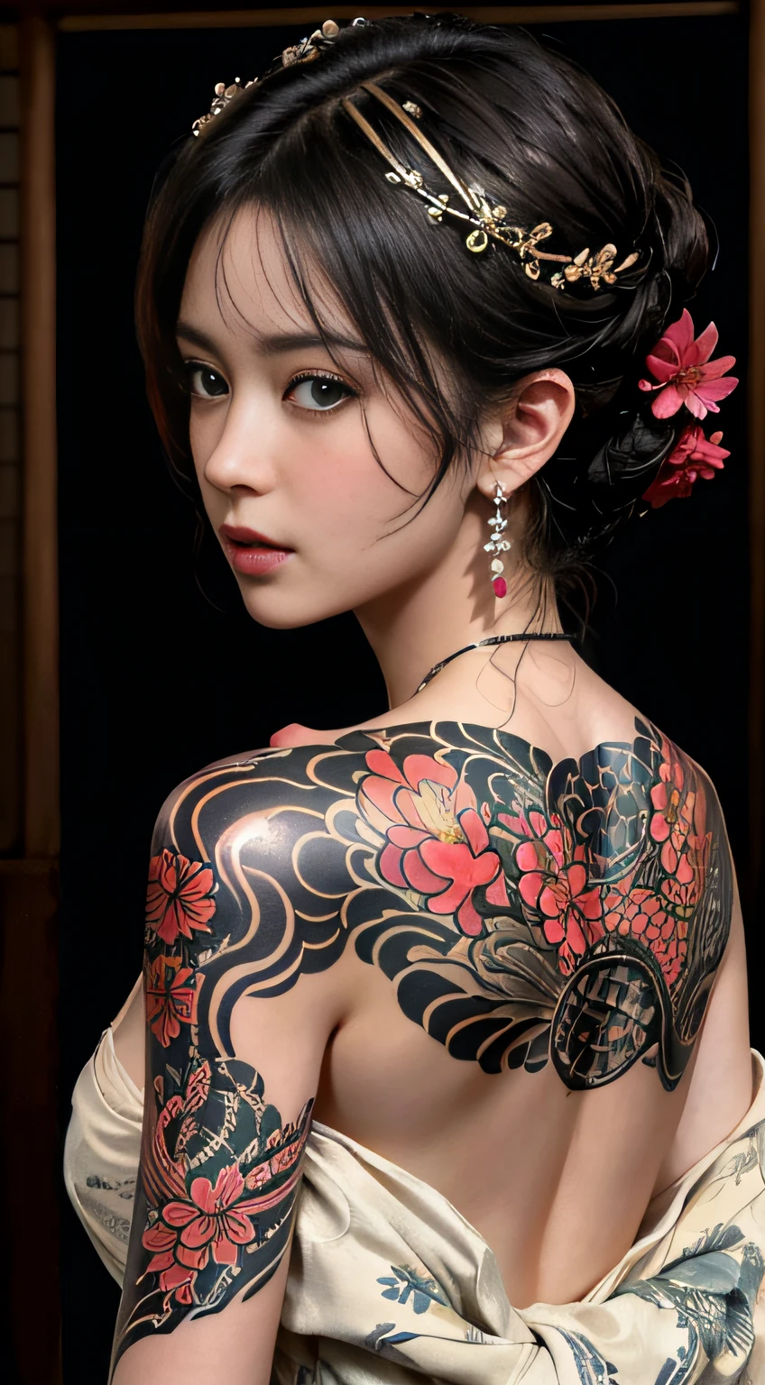 (best quality,highres:1.2), (photorealistic:1.4),low angle portrait, seen from back, yakuza girl soaking on onsen in the lost city,look at viewer,detailed face,beautiful detailed grey blue eyes,beautiful detailed lips,seductive smile,eyebrows well-groomed,long eyelashes,clear skin ,natural blush,slim body posture, exposed shoulder,intricate detailed and vibrant irezumi tattoo on back body,elegant and intricate jewelry,delicate necklace and earrings,traditional hair accessories,short hair with bangs,shiny gemstones,soft and flawless makeup,soft and natural lighting,subtle shadows on the face,radiant and vibrant colors,photorealistic rendering, photon mapping, foggy and dramatic atmosphere