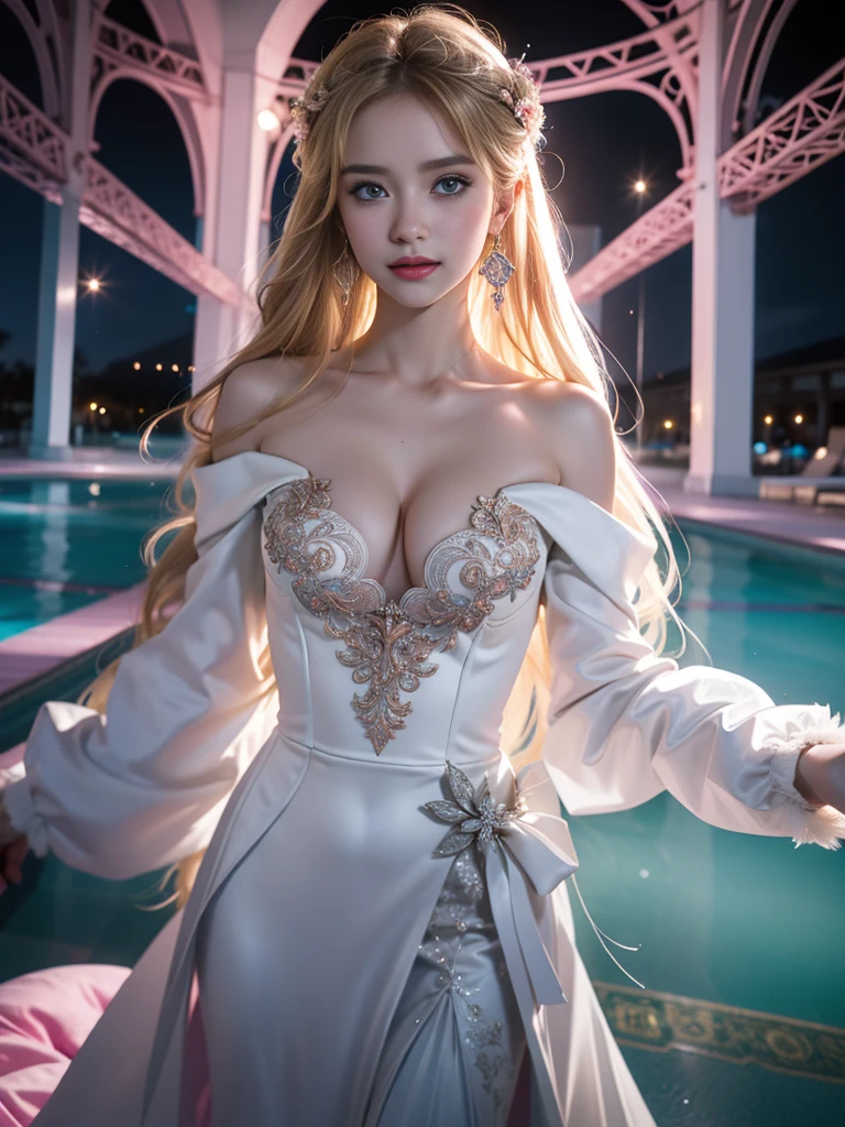 tmasterpiece,Highest image quality,super detailing,Best quality at best ,Extremely Delicately Beautiful, Very meticulous,Best quality at best, offcial art, extremely detaild的 CG unified 8k wallpapers, Ana de Armas portrait photo, blond hair blue eyes,Radiant skin and radiant eyes:1.1), pretty skin, lamplight, (Detailed lighting:1.2), (Beautiful and detailed light:1.3), beautiful wedding dress, deep understanding, The beautiful, iintricate, digitial painting, smooth private parts, Focus sharp, The end of the world, Epic reality, (HighDynamicRange:1.4), captivating curves,(pastel colour:1.4), Bigchest,(The most beautiful look),apocalyptic,(The best look,), giving up, com cores neutras, natta, Screen space refraction, (Complicated details, ultra - detailed:1.3), (The sexiest look,),art stations, Cinema lenses, vignet, the complex background, buliding,Enchanted smile,detailed back ground,Dream catcher earrings in various colors,white colors,in pink,purpleish color,red colour,blue colors,orange colors,green color,Cyan lacks color,),No shoulder strap,