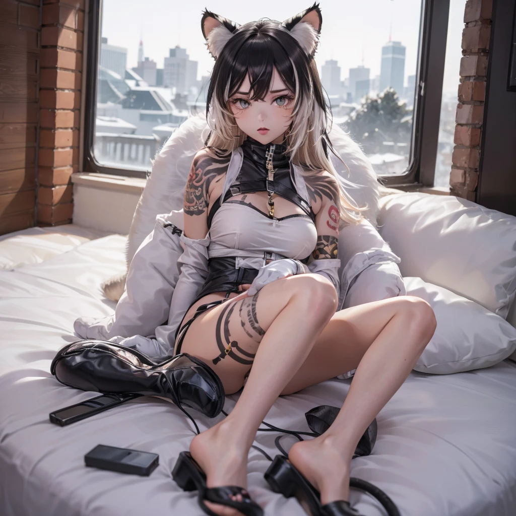 1 Girl(human face) with white furry ears ,fullbody shot,black stripe tattoo all over body, above ankle length white tiger fur shoes, white fur gloves, cat eyes, gorgeous