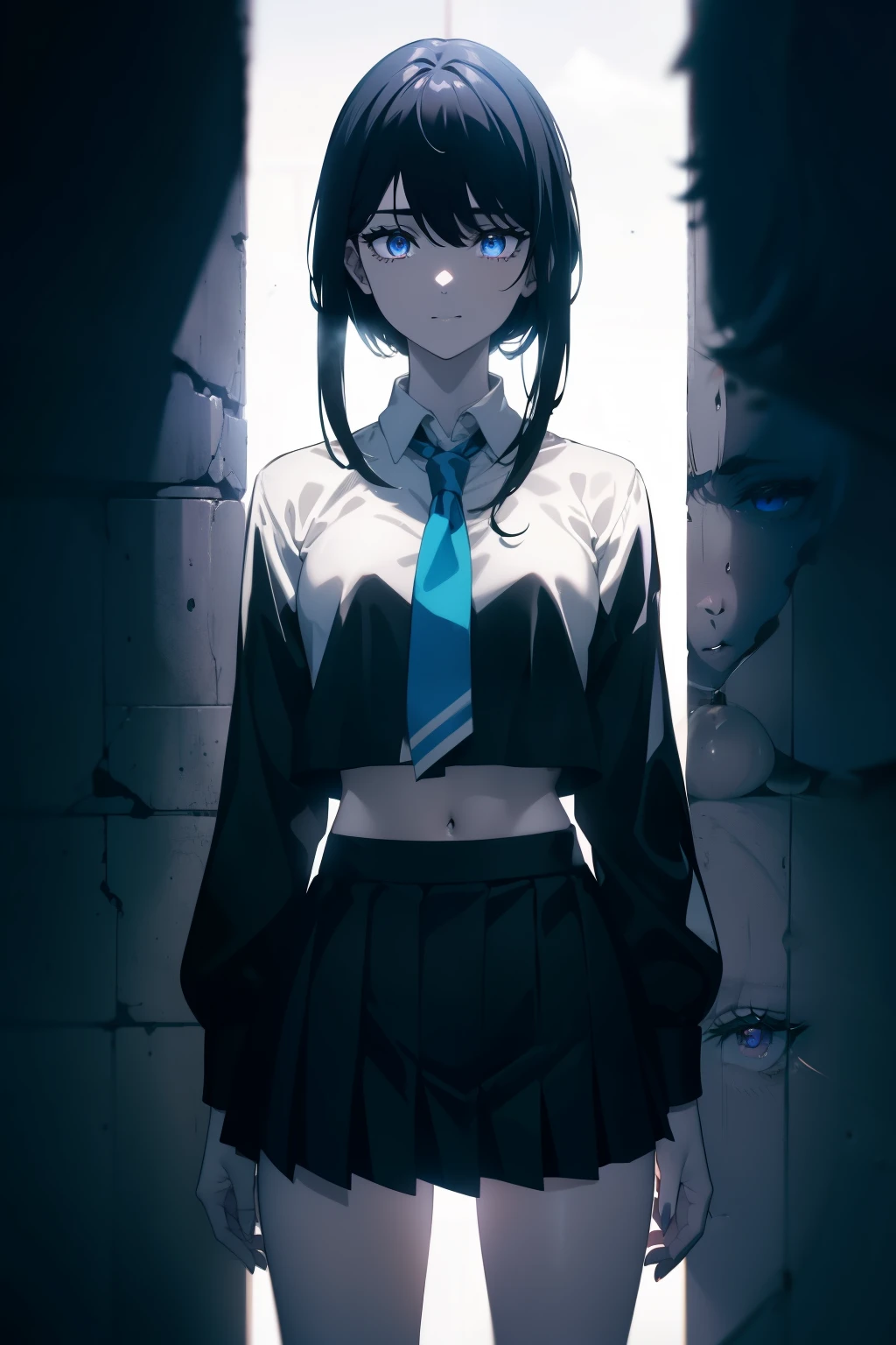 (Obra maestra, La mejor calidad, ultrahigh resolution), (((two girls of equal height standing side by side, holding_gun:0.9, aiming_at_viewer:0.9))), standing, school uniforms, white office shirt, black pleated skirt, ((pitch black, pitch black hair:0.7)), long hair cut, pale_skin, ((blue eyes)), (glowing_eyes), neon eyes, (ultra detailed eyes:0.7, beautiful and detailed face, detailed eyes:0.9), ((centered)), smile, ((wide shot)), facing viewer, eye level, (dark background), flat chested, looking at viewer, ((half closed eyes:0.9)), ((perfect hands)), (((head, arms, hips, elbows, in view))), empty eyes, beautiful lighting, background, defined subject, 25 years old, perfect anatomy, perfect body, (((professional photography)))